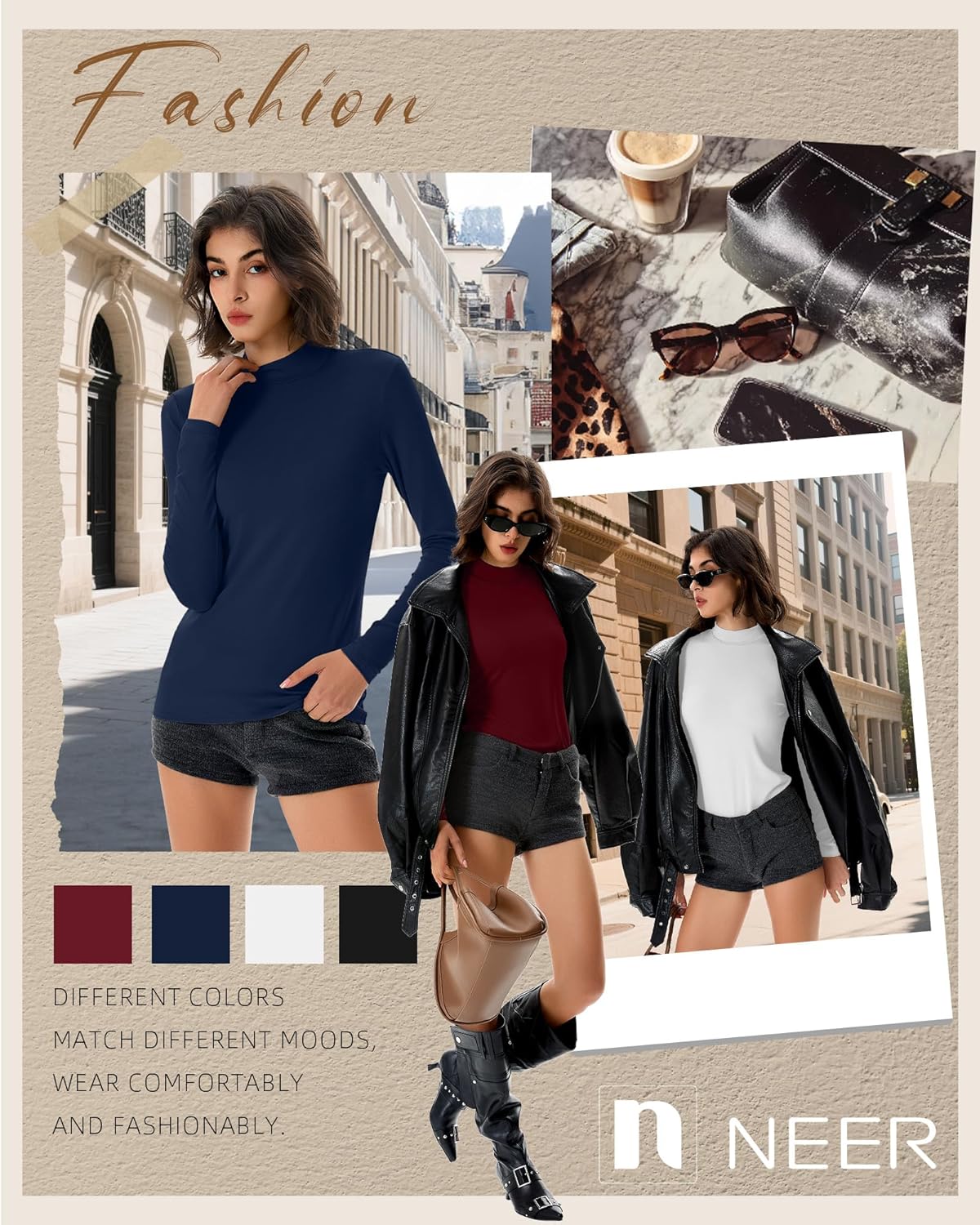 Neer 4 Pack Women's Mock Turtleneck Tops, Slim Fitted Long Sleeve Shirts Mock Neck Basic Undershirts Lightweight Layer Tee - Image 6