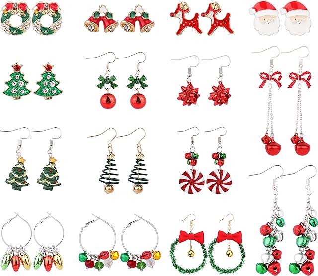 Merclix 15 Pairs Christmas Earrings Studs Christmas Earrings for Women Xmas Earrings for Women Christmas Jewellery Set Christmas Earrings for Kids Girls