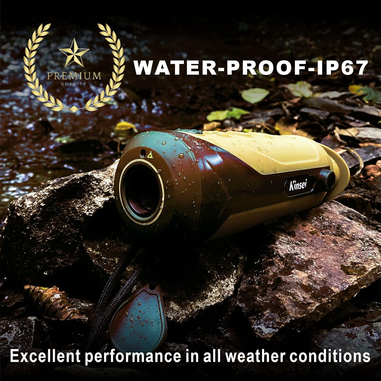 KINSEI Thermal Monocular on a rock with water droplets, illustrating its IP67 waterproof rating.