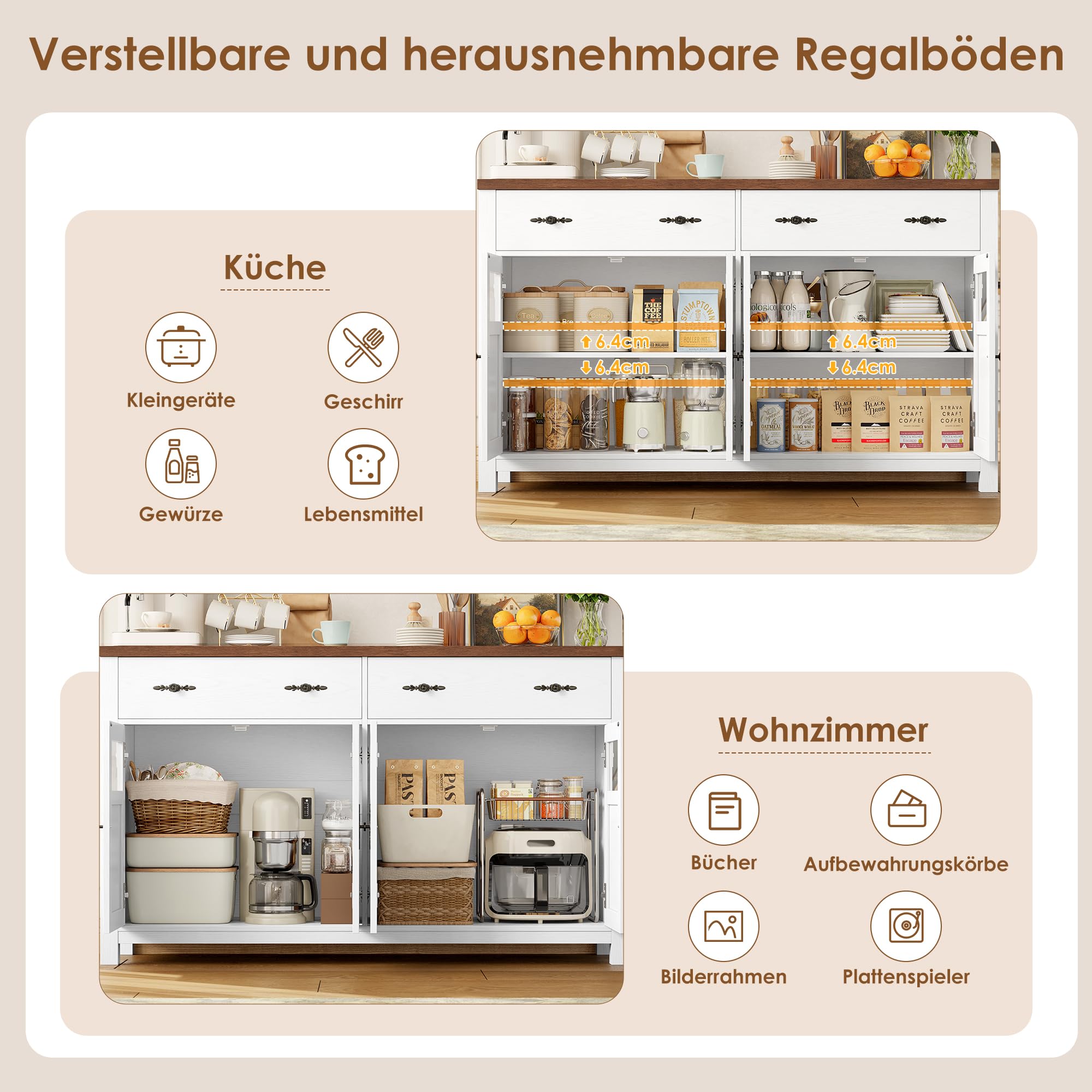 FirFurd Sideboard weiß 140 cm Küchenschrank mit 2 Schubladen 4 Türen | Buffetschrank Küchenbuffet mit Arbeitsplatte, Küchenkommode Vorratsschrank für Wohnzimmer Küche Esszimmer, 140 x 40 x 90 cm