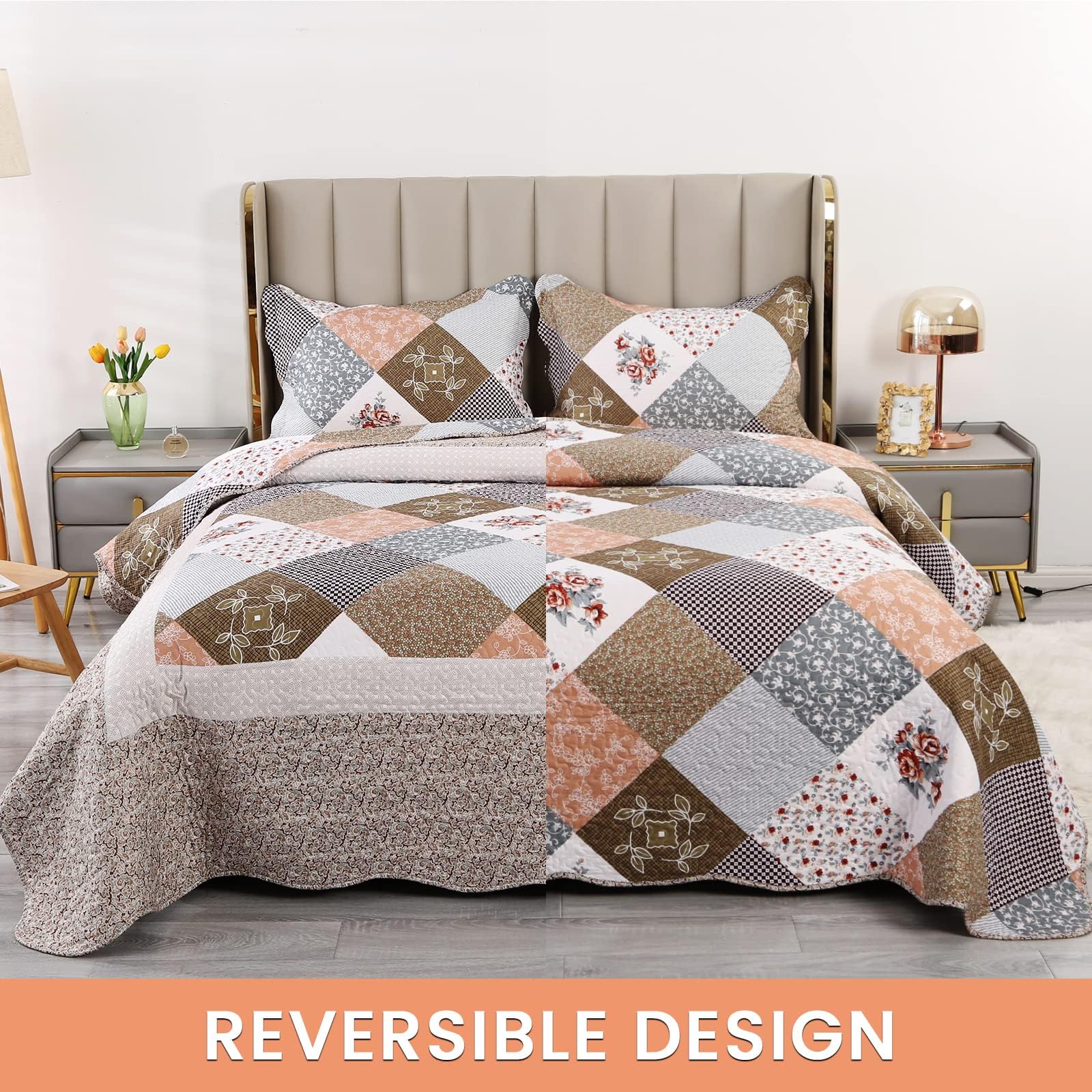 Qucover Tagesdecke Bettüberwurf für Doppelbett Gesteppte Decke Set mit Kissen Patchwork Tagesdecke mit Blumen Muster (Braun, 230x250cm)