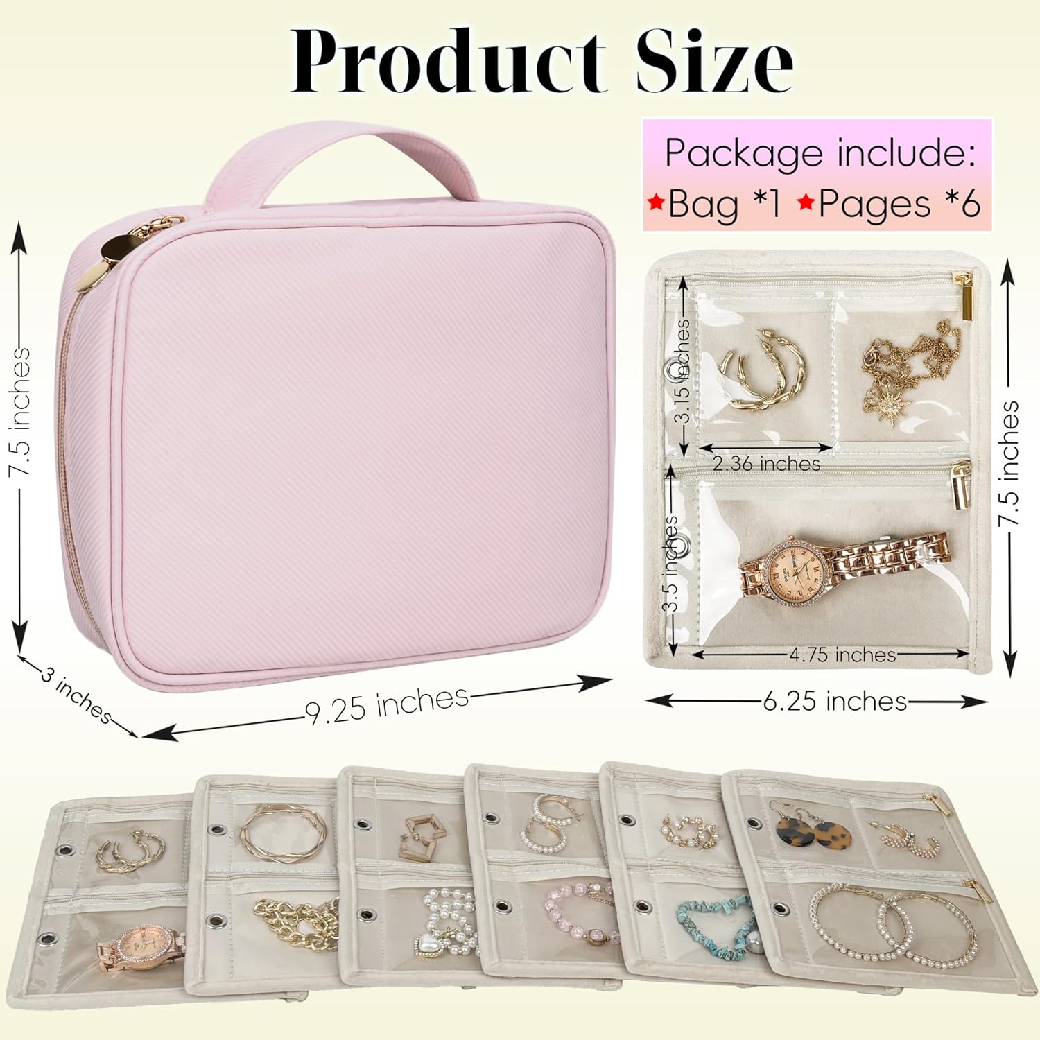Travel Jewelry Organizer Case,Small Jewelry Bags Jewelry Storage Book Binder with Clear Zipper Velvet Pouch for Traveling,Earrings, Rings, Necklace, Bracelet (Pink) - Image 2