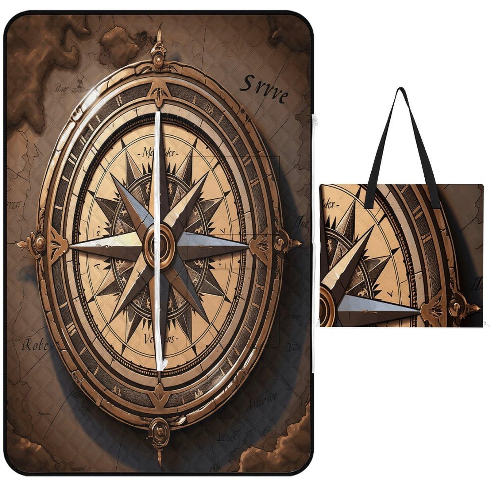 VstaDank Compass Wind Road Map Picnic Mat 150x100cm Extra Large Picnic Blanket with Zipper Waterproof Sandproof Beach Blanket Portable Beach Mat Foldable Camping Blankets for Park Grass Lawn Travel