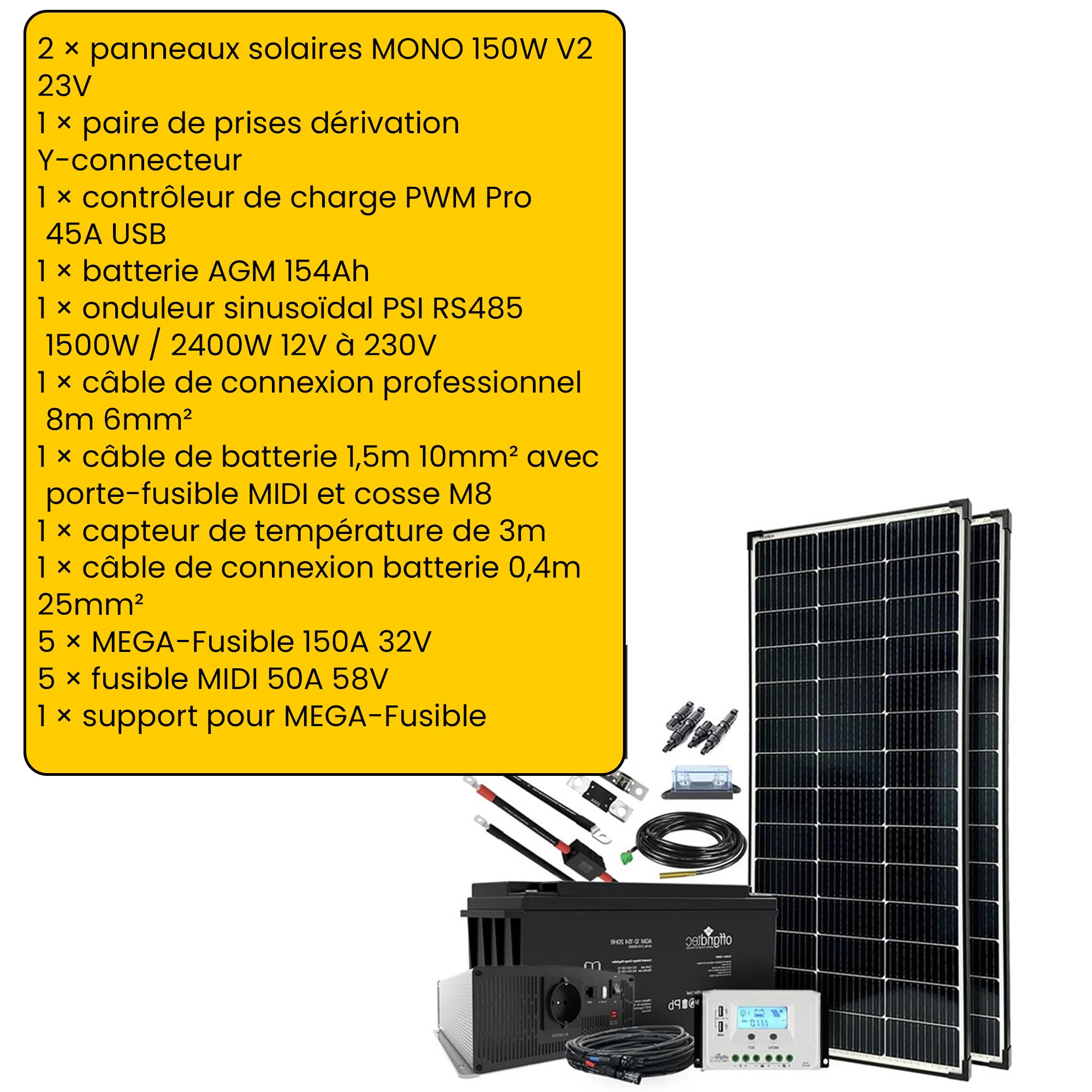 Kit d'installation solaire auto-suffisant Offgridtec XL-Master de 300 Watts - Puissance de 1 500 Watts CA hors réseau pour 12 V/230 V
