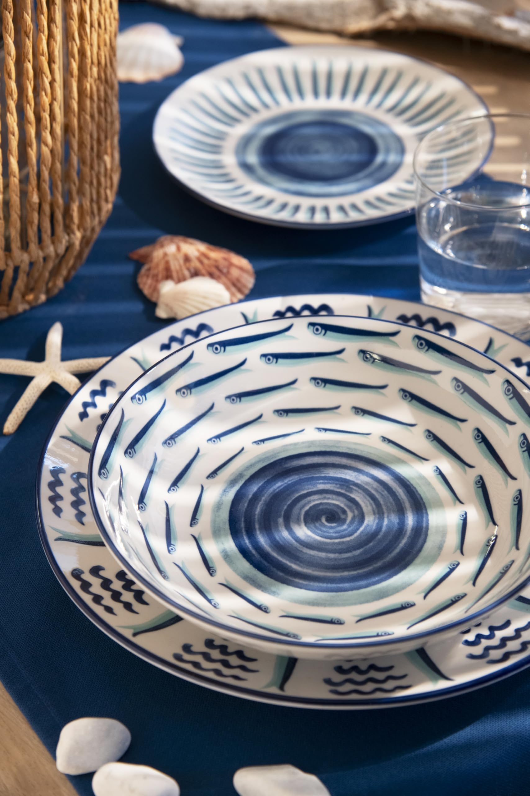 Excelsa Vajilla de porcelana Mediterráneo, 18 piezas, decoración de mar azul