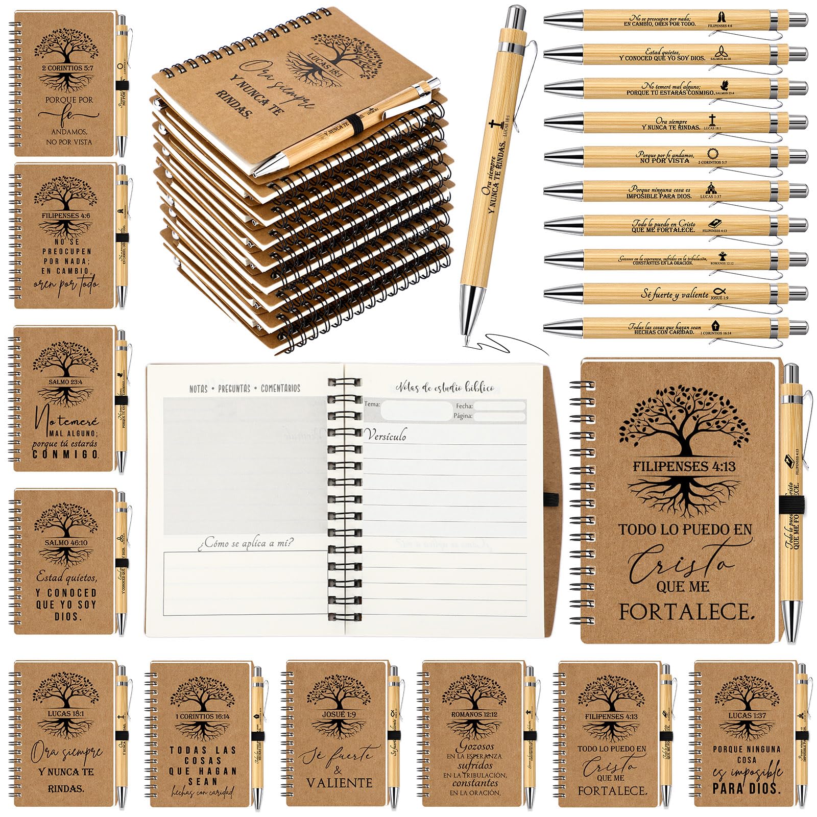 Spakon Lot de 30 carnets de prière en papier kraft à spirale pour homme et femme – Carnet de prière avec verset de la Bible – Agenda quotidien – Cadeau de fête des mères pour l'église (style arbre)