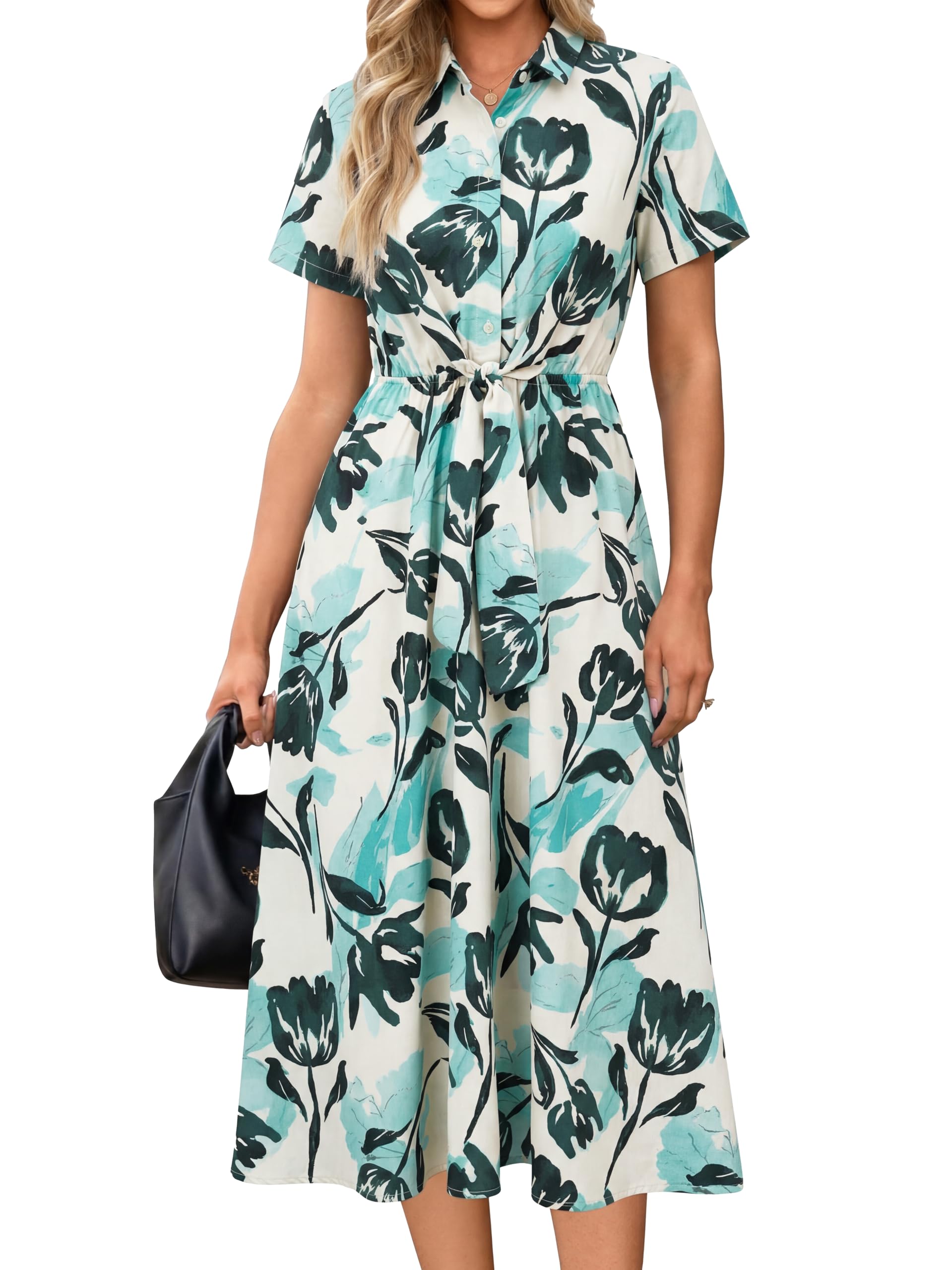 Newshows Women's Work Business Casual Outfits Tie Waist Midi Shirt Dress