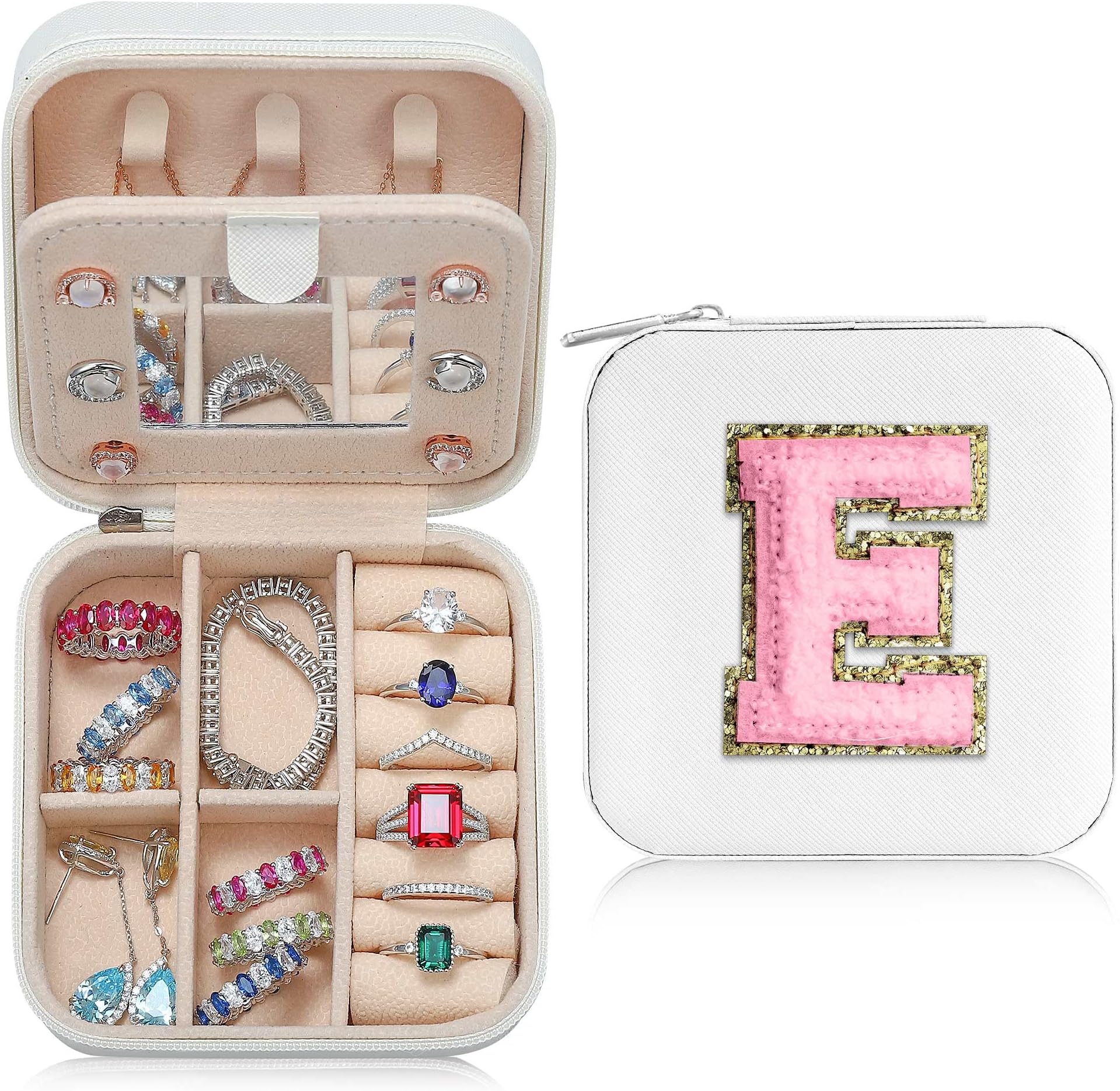 ParimaParima Gifts for Friends Sister - Travel Must Have Jewelry Organizer Travel Case | Travel Gifts for Women Girls Jewelry Box | Graduation Gifts for Friends Female | Travel Essential - Letter E, White