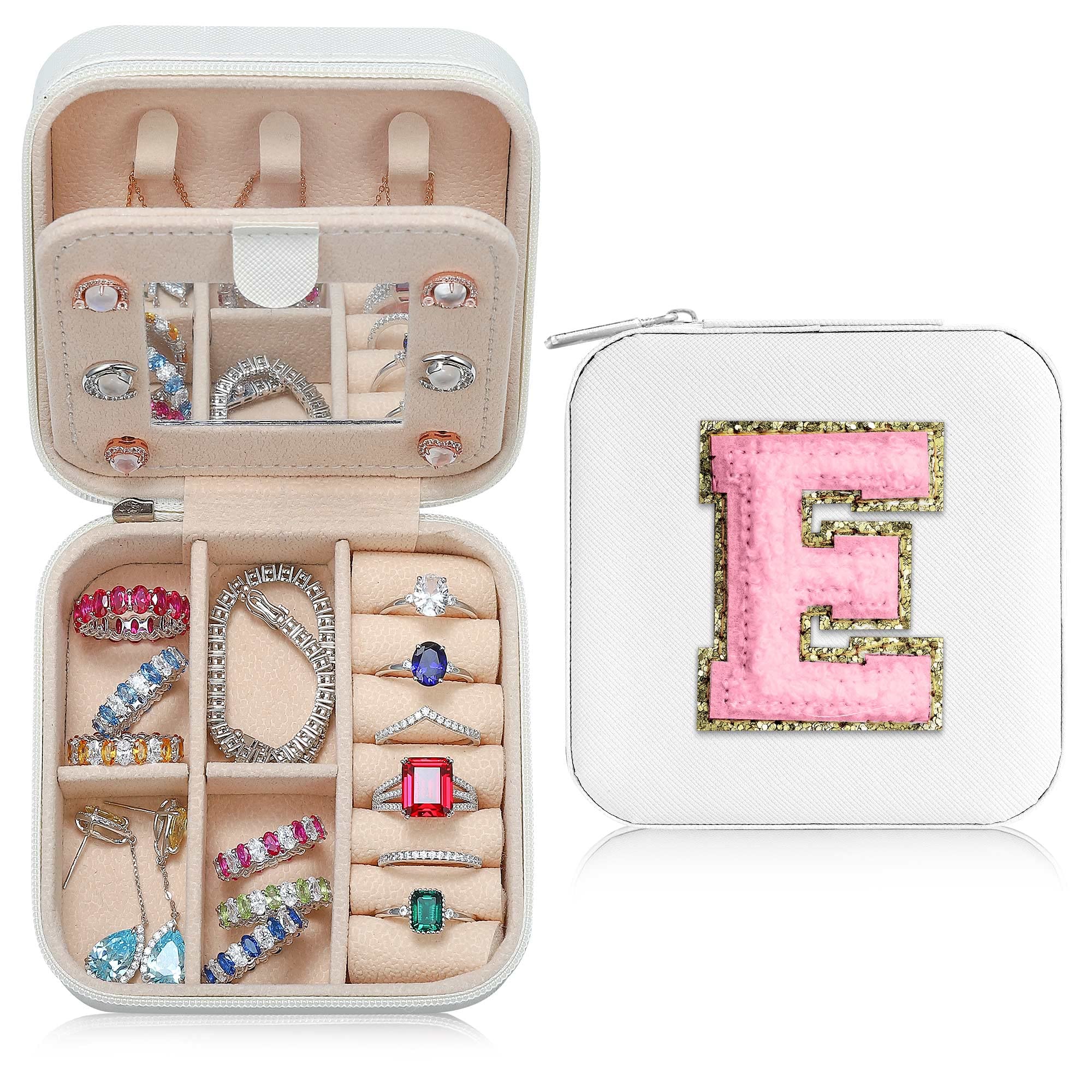 ParimaParima Gifts for Friends Sister - Travel Must Have Jewelry Organizer Travel Case | Travel Gifts for Women Girls Jewelry Box | Graduation Gifts for Friends Female | Travel Essential - Letter E, White