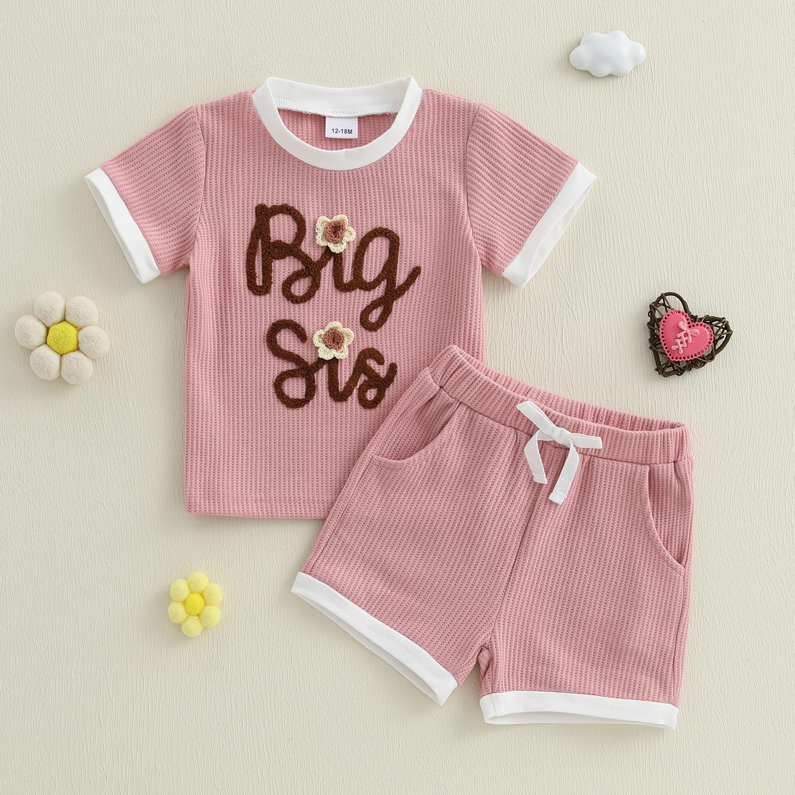 MAINESAKA Toddler Baby Girl Summer Clothes Big Sister Little Sister Matching Outfits Waffle Knit Top And Shorts Cute 2Pcs Set (A-Pink Big Sis, 3-4T)