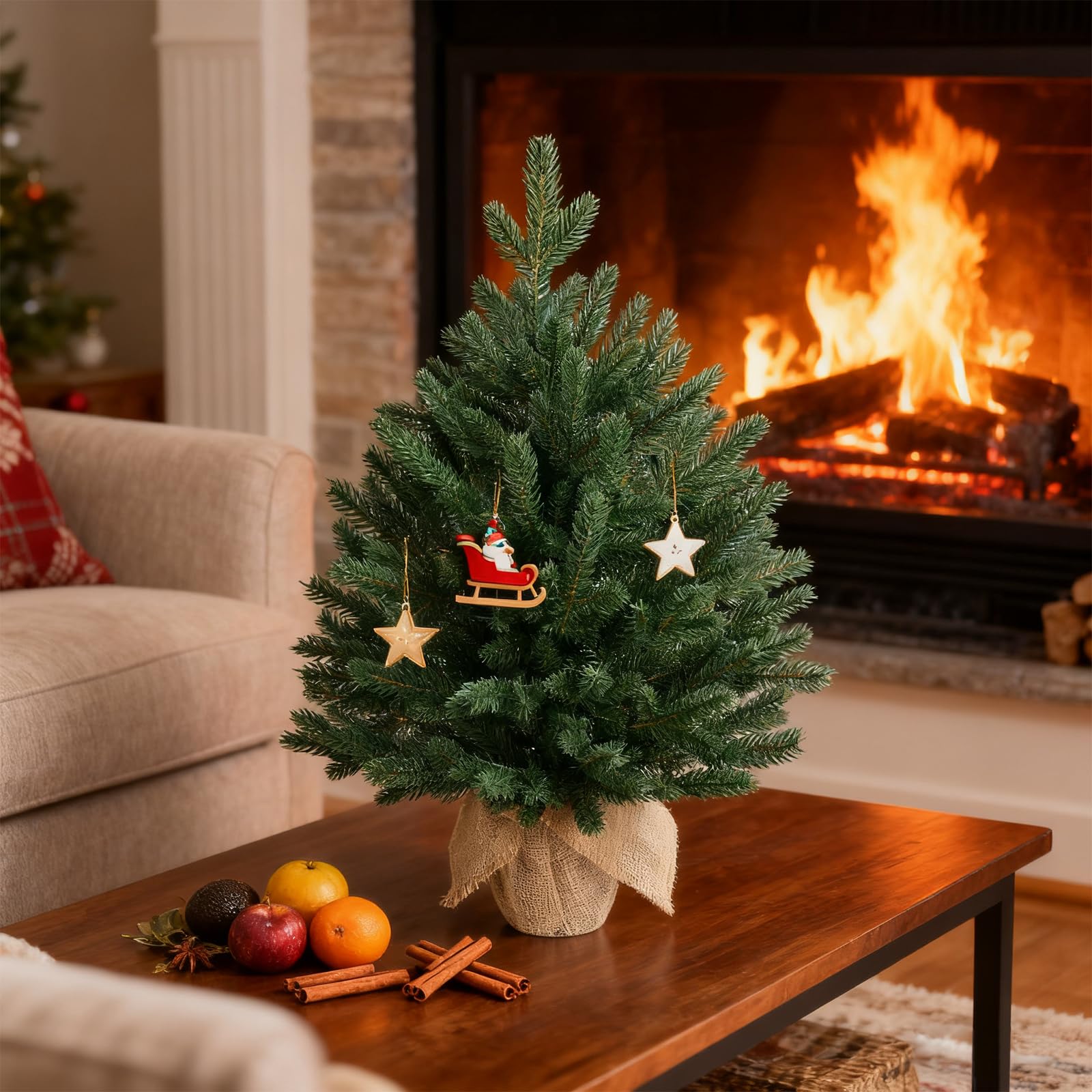 ELYKEN Mini sapin de Noël artificiel de 55,9 cm avec lumières LED, petite table, décorations de fête de Noël pour bureau, décoration d'intérieur