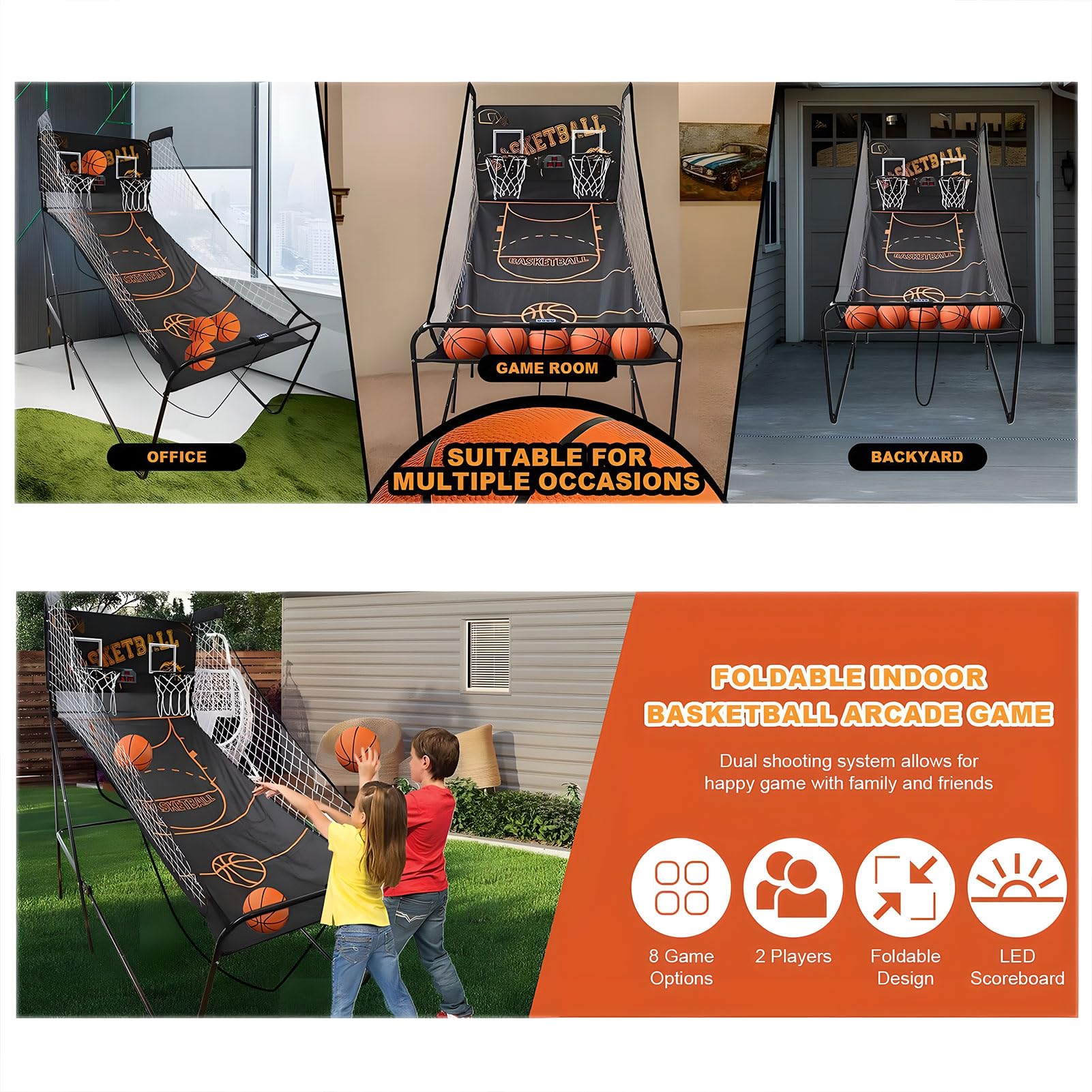 Doppio Gioco Arcade di Basket, Pieghevole Partita a Cerchio di Basket con 8 modalità di Gioco, Macchina da tiro al punteggio elettronico con 5 Palline e tabellone LCD, per Famiglie e Feste