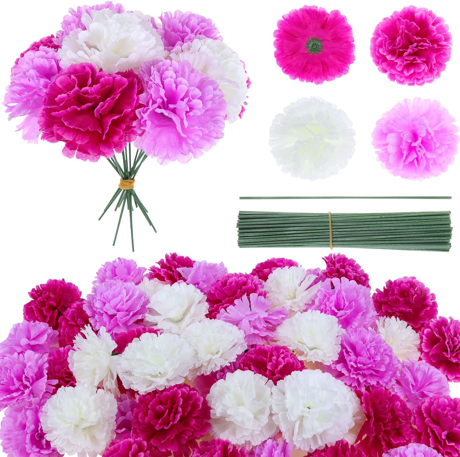 120 Pack Artificial Carnations with Stems,Artificial Marigold Flower Heads,Eternal Blossom Silk Artificial Pom Birthday Party 6f2b8y9o3s36 0