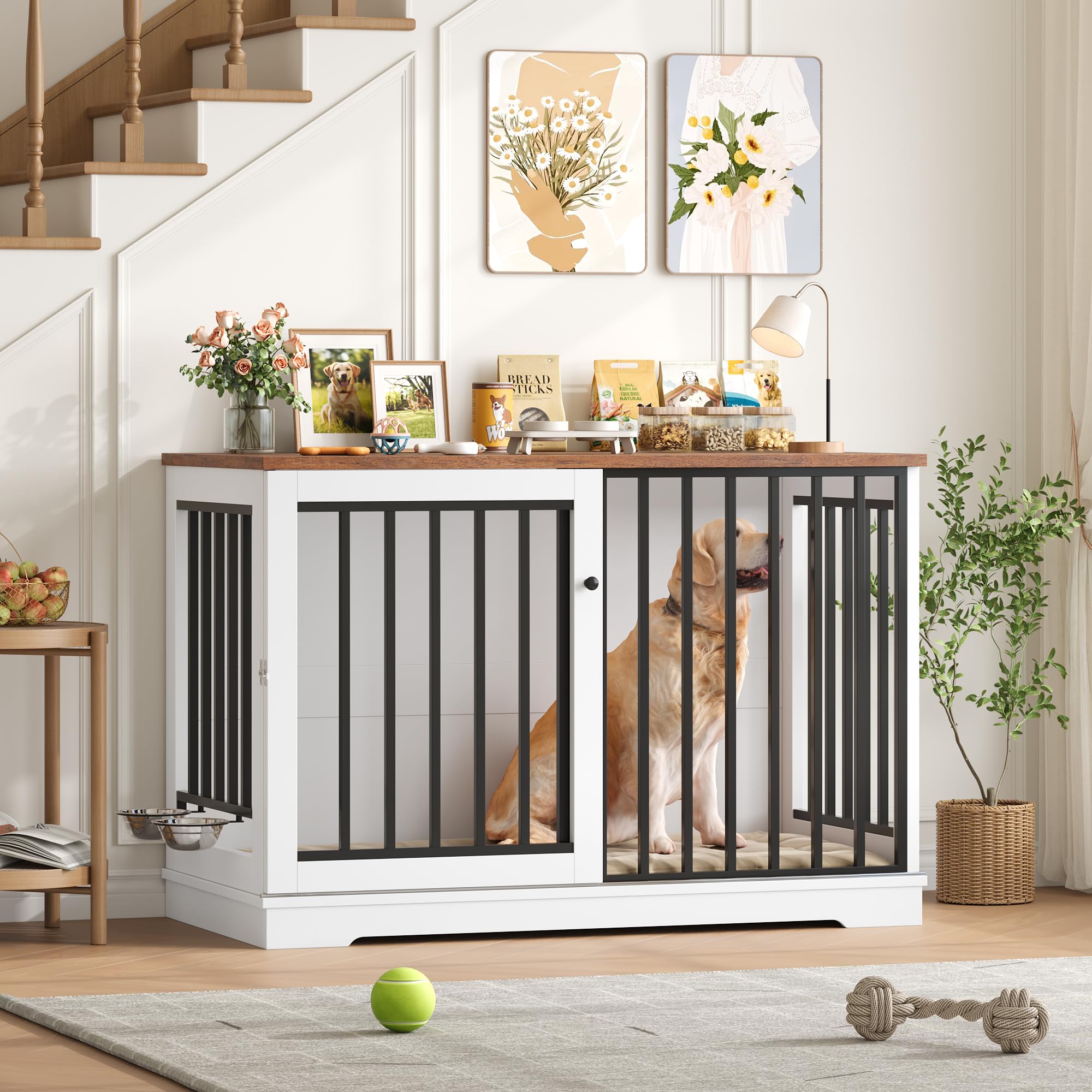 FirFurd 120cm Jaula para Perros,Mesa Auxiliar con Puerta corredera, Jaula Perro Grande para Casa de Madera,para Animales Acero para Perros Medianos y Grandes 120 x 90 x 60 cm (Blanco+Marrón)