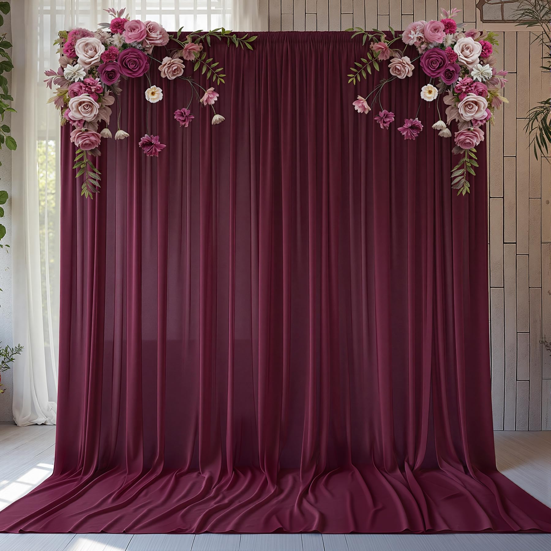 Photo 1 of 10ft x 10ft Burgundy Backdrop Curtains, Wrinkle-Free Sheer Chiffon Fabric Photo Backdrop Drapes for Wedding Arch Party Ceremony Stage Photography Decorations
