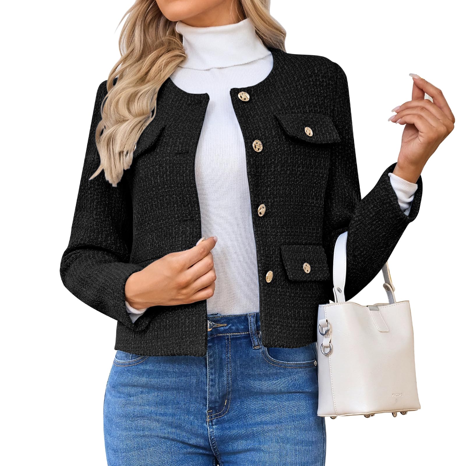 HUEOBIR Women's Tweed Blazers Jackets Casual Long Sleeve Button Down Business Short Casual Cropped Coats