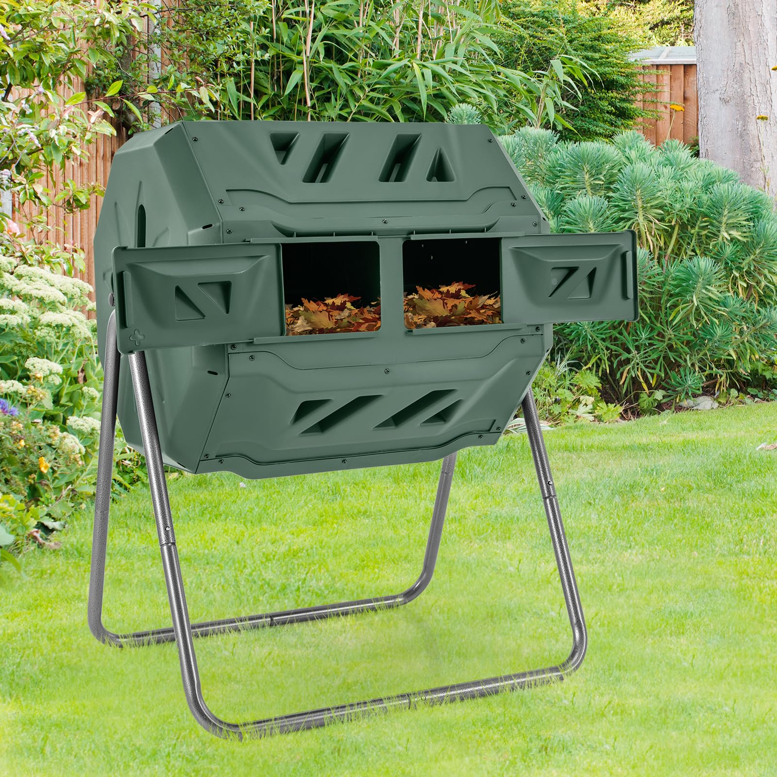 GOPLUS Compostador de tambor de 160 L, con 2 cámaras, 2 puertas correderas, marco de metal y 16 rejillas de ventilación, sin BPA, compostador de jardín para residuos orgánicos y de jardín, incluye