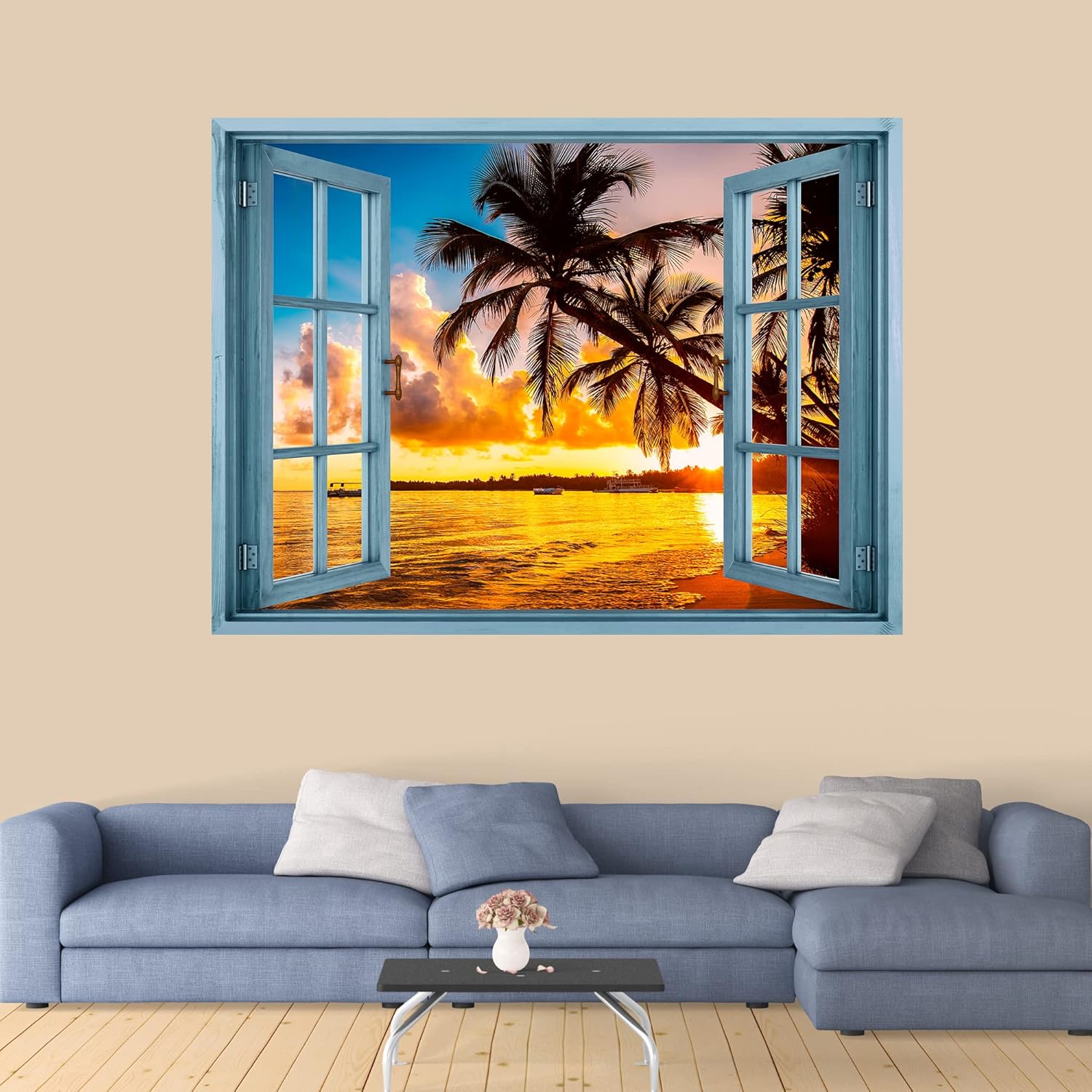 IDEA4WALL Removable Wall Sticker/Wall Mural Orange Sunset Palm Tree Ocean Horizon Nature Wilderness Photography Modern Art Rustic Landscape Colorful for Living Room, Bedroom, Office - 24"x32"