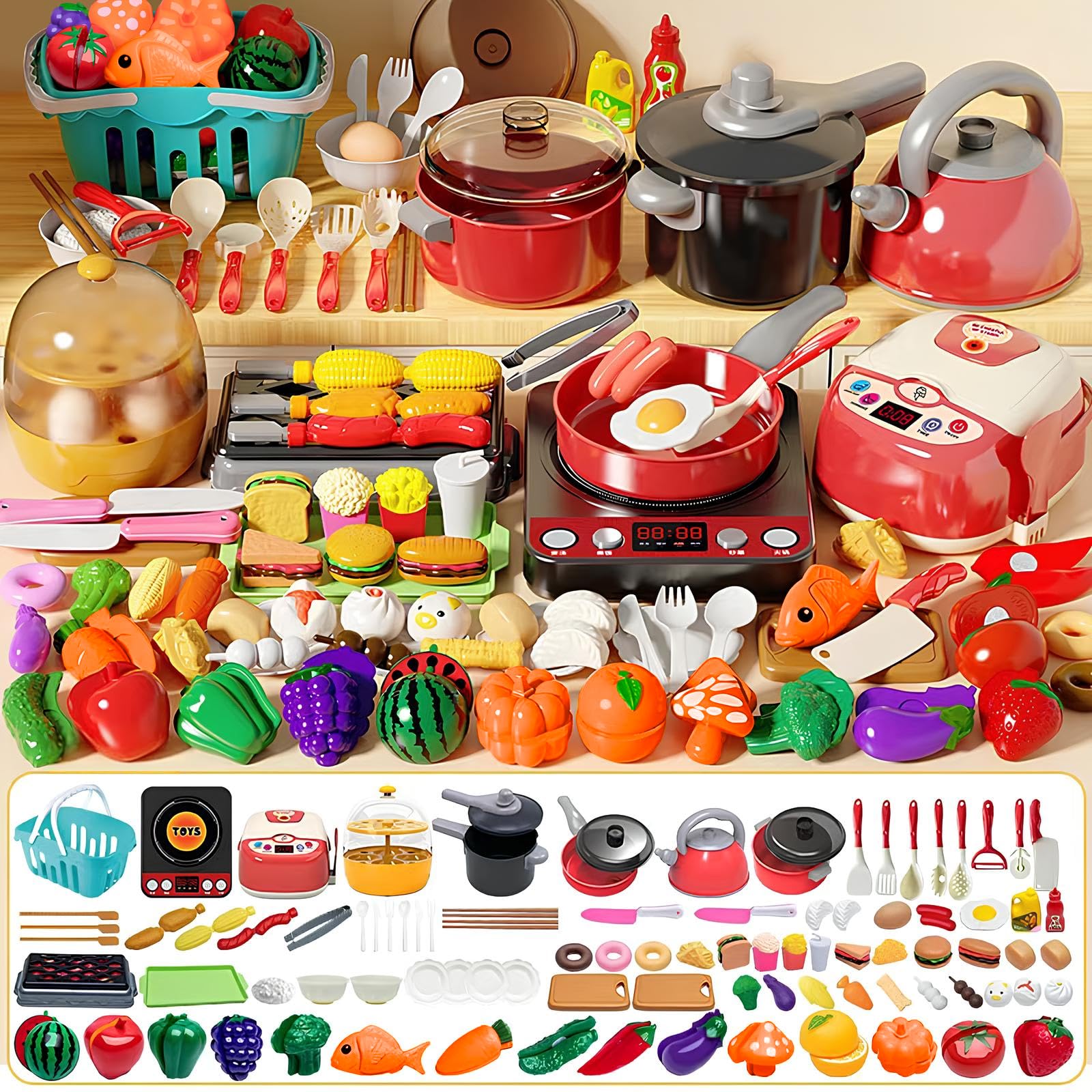 102 Pcs Cocina Juguete, Accesorios Cocina Infantil Exterior, Juego de Roles de Cocina, con Accesorios Cocina, Cazuelas, Comida de Juguete y Cesta de la Compra para Niños y Niñas de 3 a 8 Años