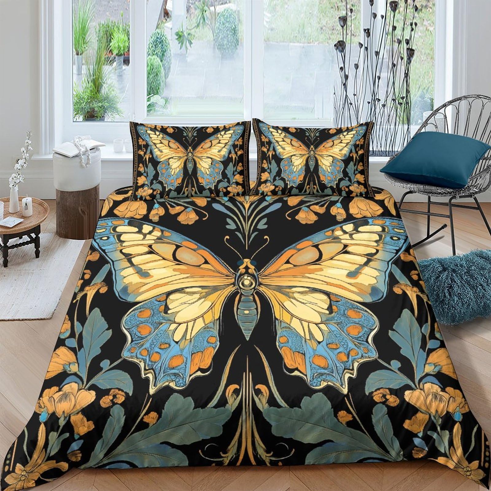 GPLZQXKJNH 3D Printed Butterfly Floral Duvet Cover Microfiber Soft Breathable Moth Bedding Set with 2 Pillowcases for Bedroom Decor Single（135x200cm）