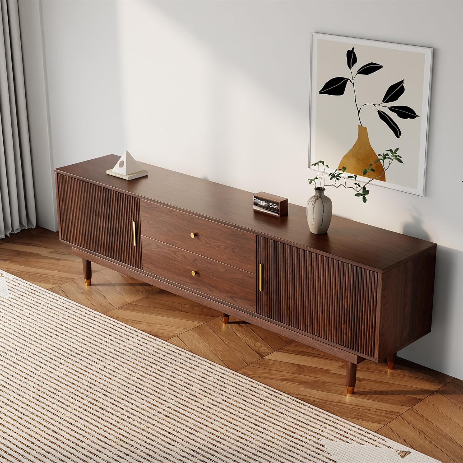 Mid Century Modern TV Stand for 75 inch TV, 66.9" Walnut TV Console with 2 Storage Cabinet & 2 Drawers, Entertainment Center, Media Console for Living Room/Bedroom