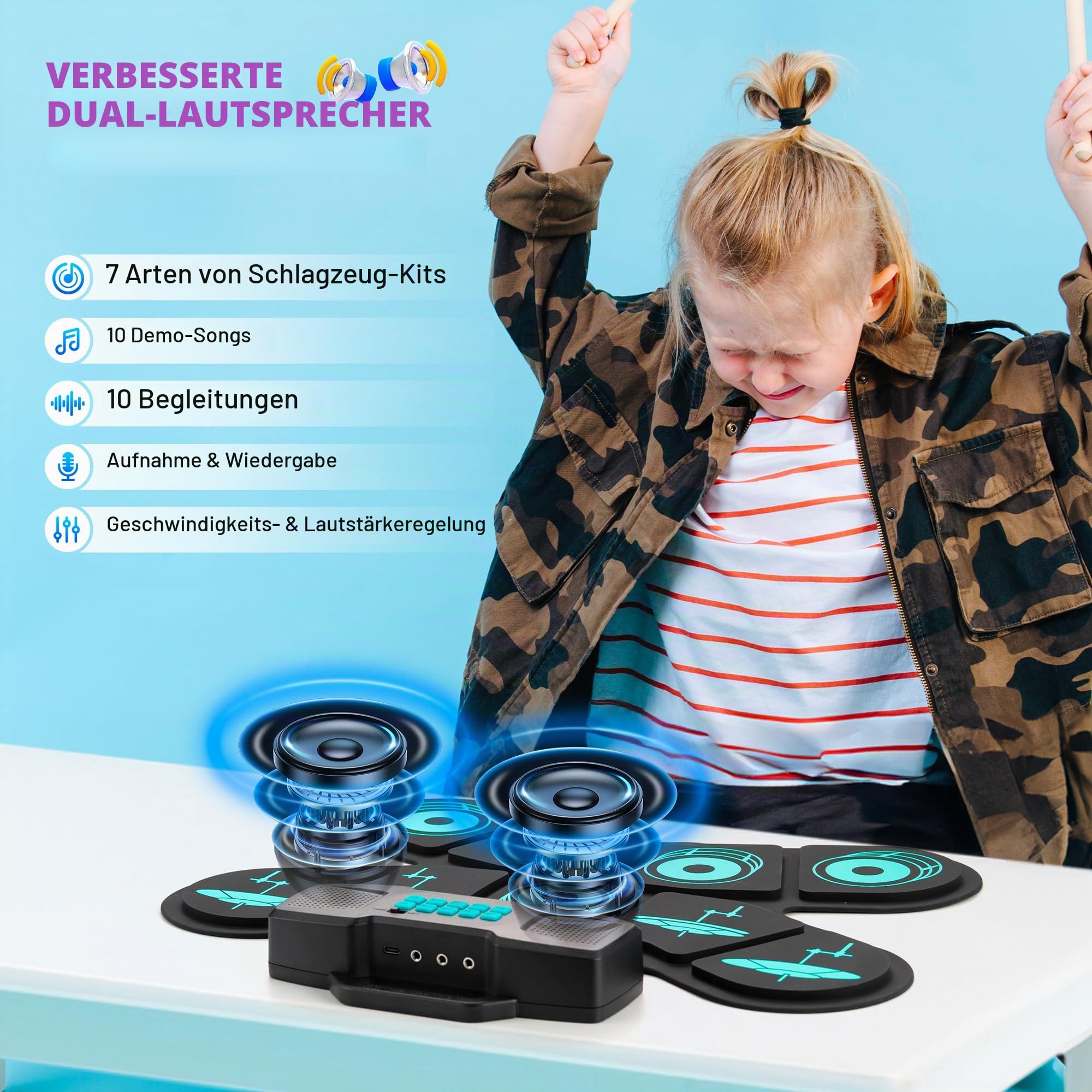 CAHAYA Elektronisches Schlagzeug für Kinder mit MIDI & Handgriff: Aufrollbar E-Drum-Set 9-Pads für Kinder Mit 2 Pedal, Stereo-Lautsprecher, Kopfhörerausgang, 10h Akkulaufzeit - CY00387-1