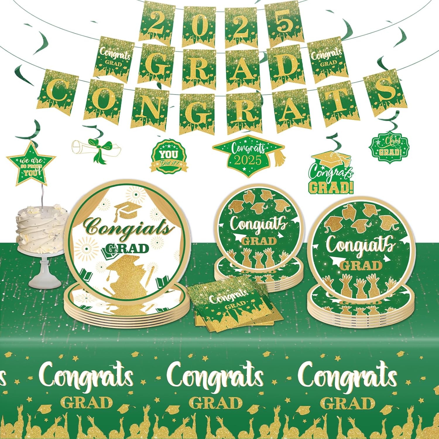 2025 Graduation Party Decorations – Green Graduation Party Dinnerware Set for 25 Guests, Includes Plates, Napkins, Tablecloth, Banner, Hanging Swirls – Grad Supplies Kit