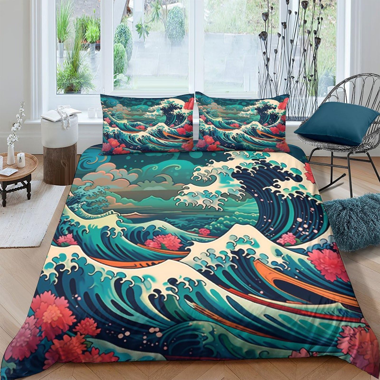 Crjus Boys Style-8 Wave Duvet Cover Bedding Set For Kids Soft Microfiber Japanese Style Quilt Cover 3 Piece Set With Zipper Closure Double（200X200cm）
