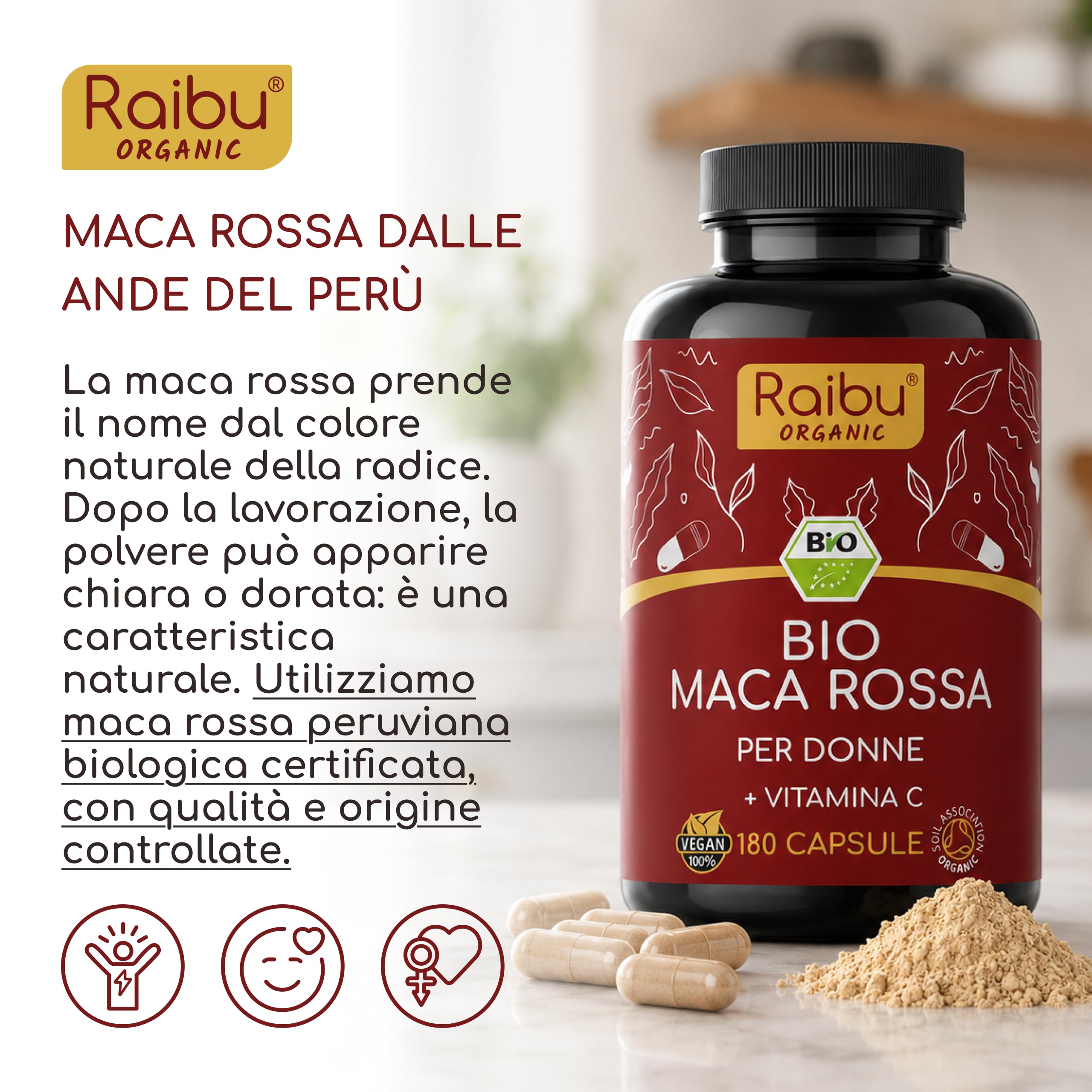 Maca Rossa Peruviana BIO - 180 capsule da radice di Maca Peruviana - Equilibrio ormonale per donna - 3.200mg per dose giornaliera (equivalenti a 12.800mg di radice del Perù) - Con vitamina C naturale