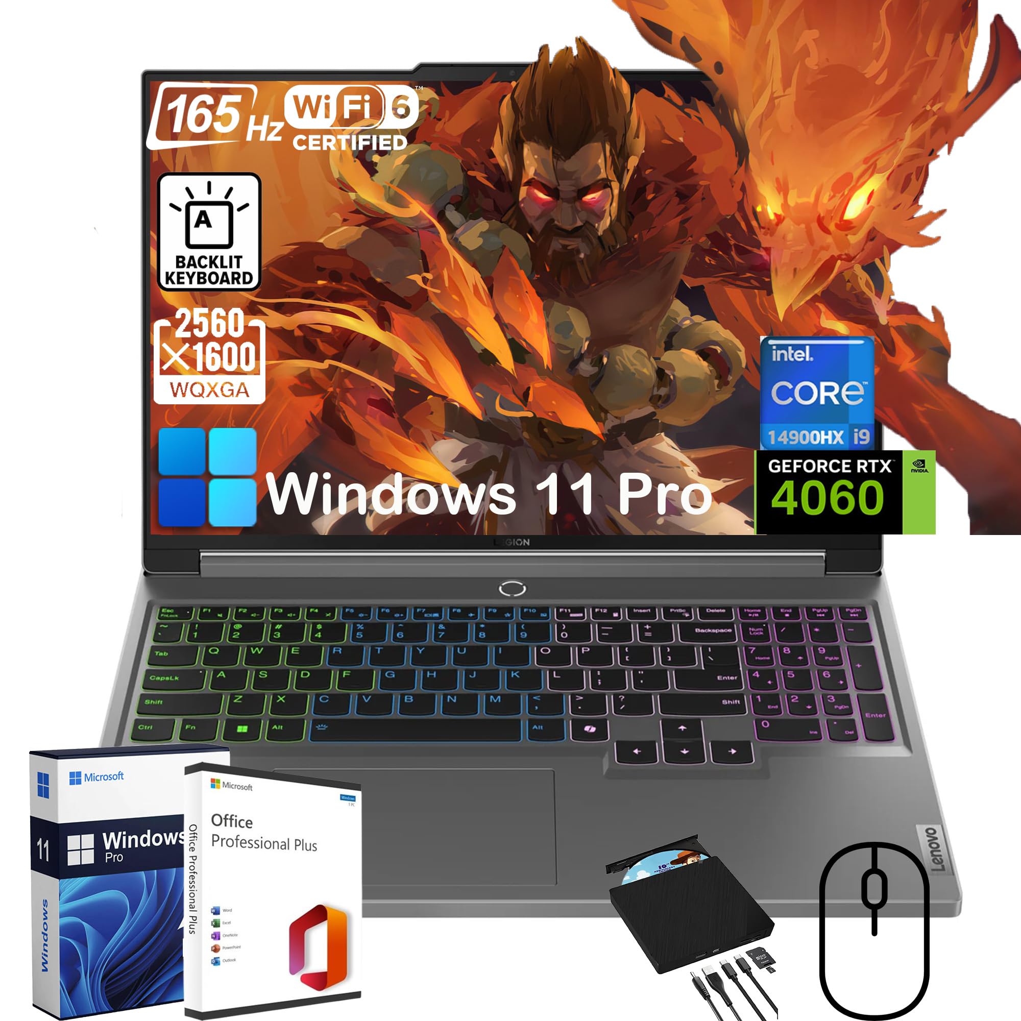 Lenovo Legion 5i - Computer portatile da gioco, con unità CD/DVD esterna e durata dell'ufficio, display da 16" a 165 Hz, Intel 24-Core i9-14900HX, RTX 4060, KB retroilluminato, Win 11 Pro, con