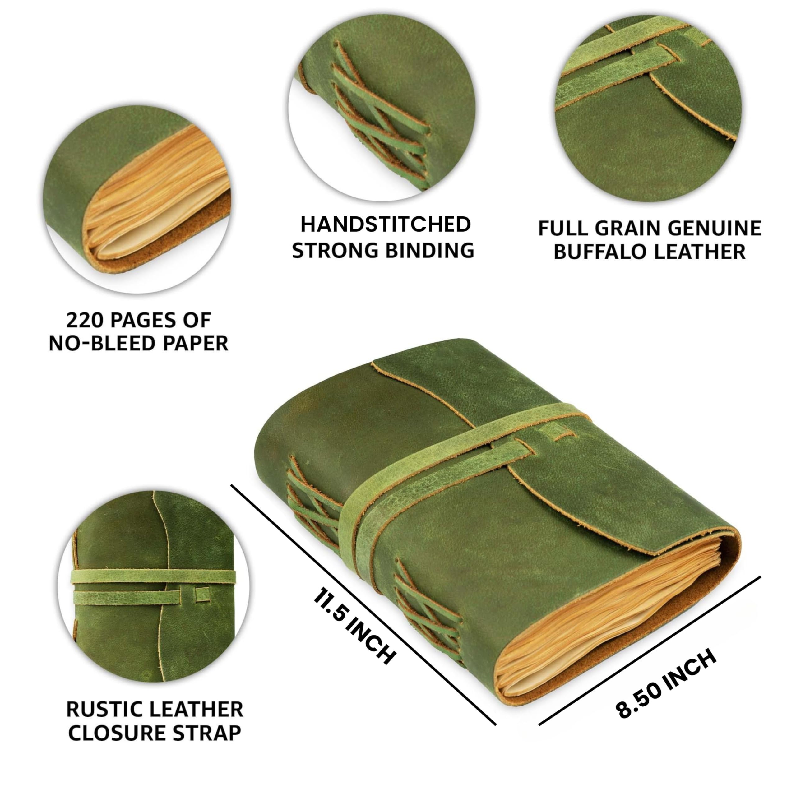 LEATHER VILLAGE Journal relié en cuir – Vert, 33 x 20 cm, 220 pages – Journal vintage vierge pour écrire, dessiner, carnet de croquis et carnet de voyage – Idéal pour homme et femme