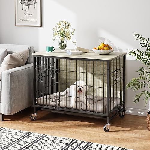 Miniatura 6 de Mueble de jaula para perros de 38.6 pulgadas, perrera de interior con puertas dobles, ruedas y bandeja extraíble, mesa auxiliar moderna para perros
