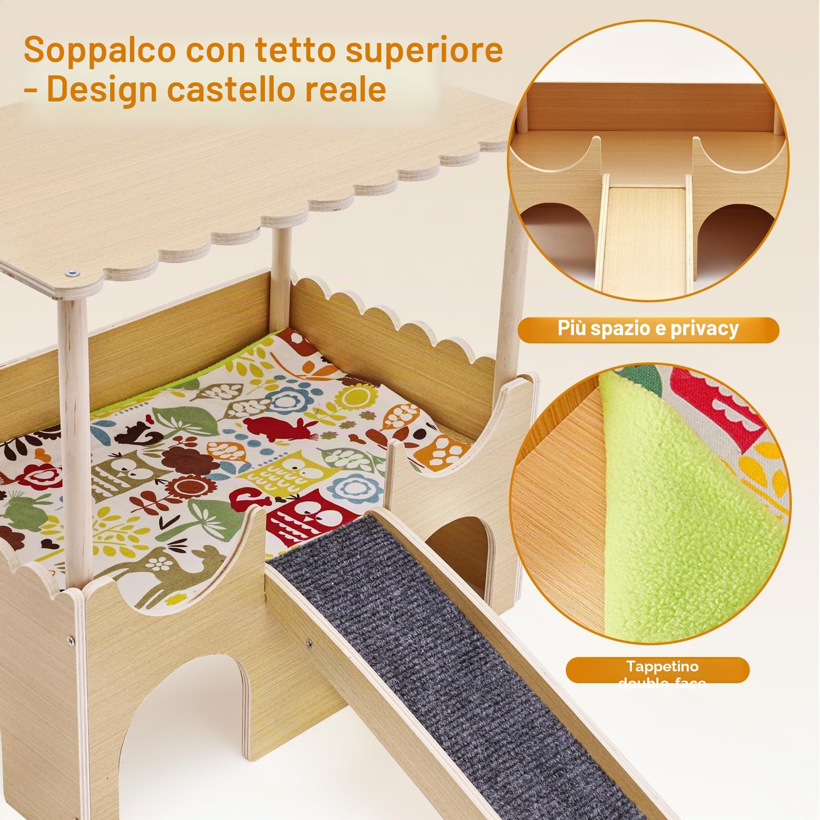 Casetta Porcellino d'India, Castello per Conigli in Legno con Tetto Rampa, 3 Ingressi Grande Riparo per Porcellini Nano, Accessorio per Porcellini d'India, Criceto, Roditori, 38 x 35 x 25 cm