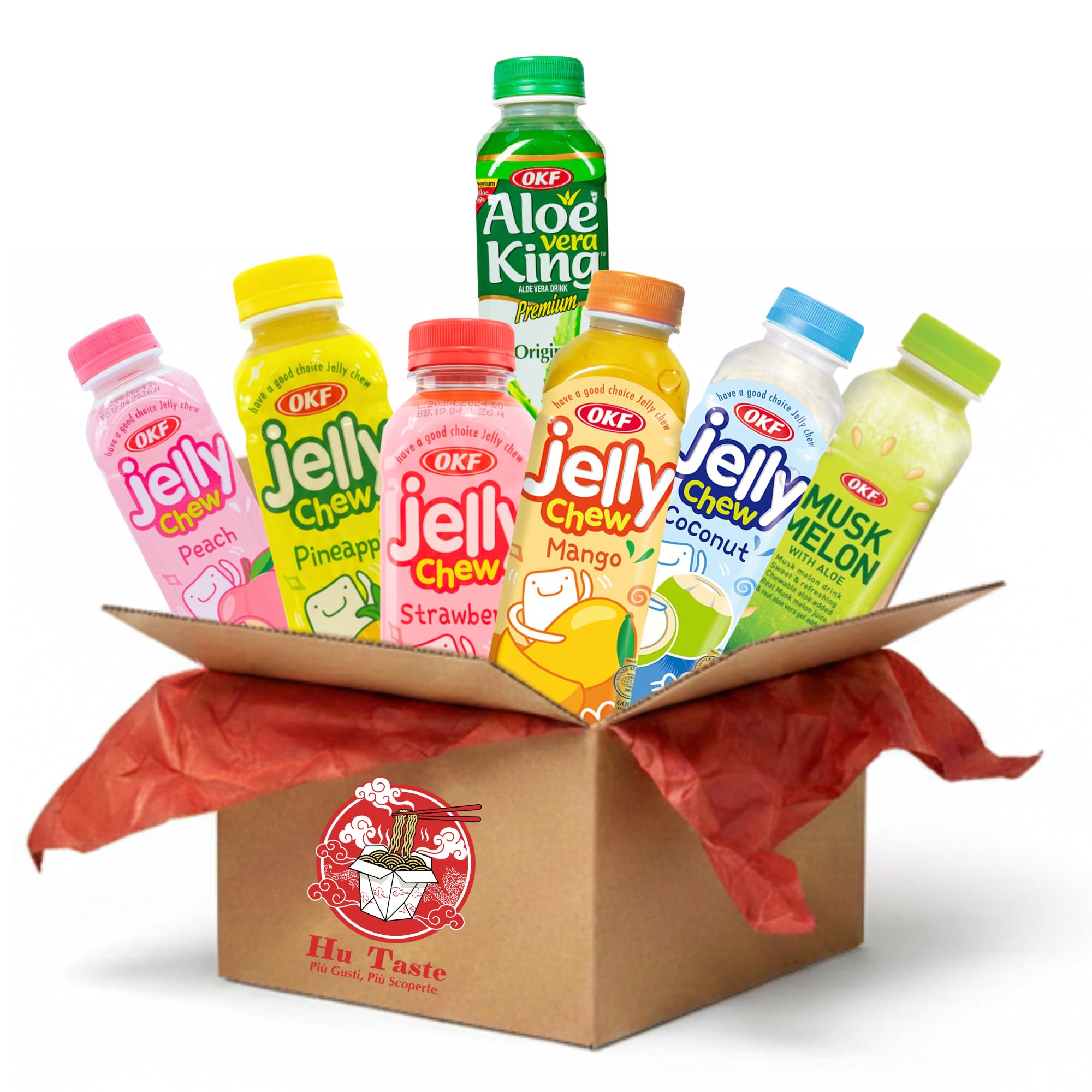 HU TASTE - Mix Discovery Bevande Asiatiche: OKF Jelly Chew & Aloe Vera King - Succhi di Frutta con Pezzi di Gelatina e Cocco - Cocco da Bere, Litchi, Mango e Ananas - Box Merenda Esotica