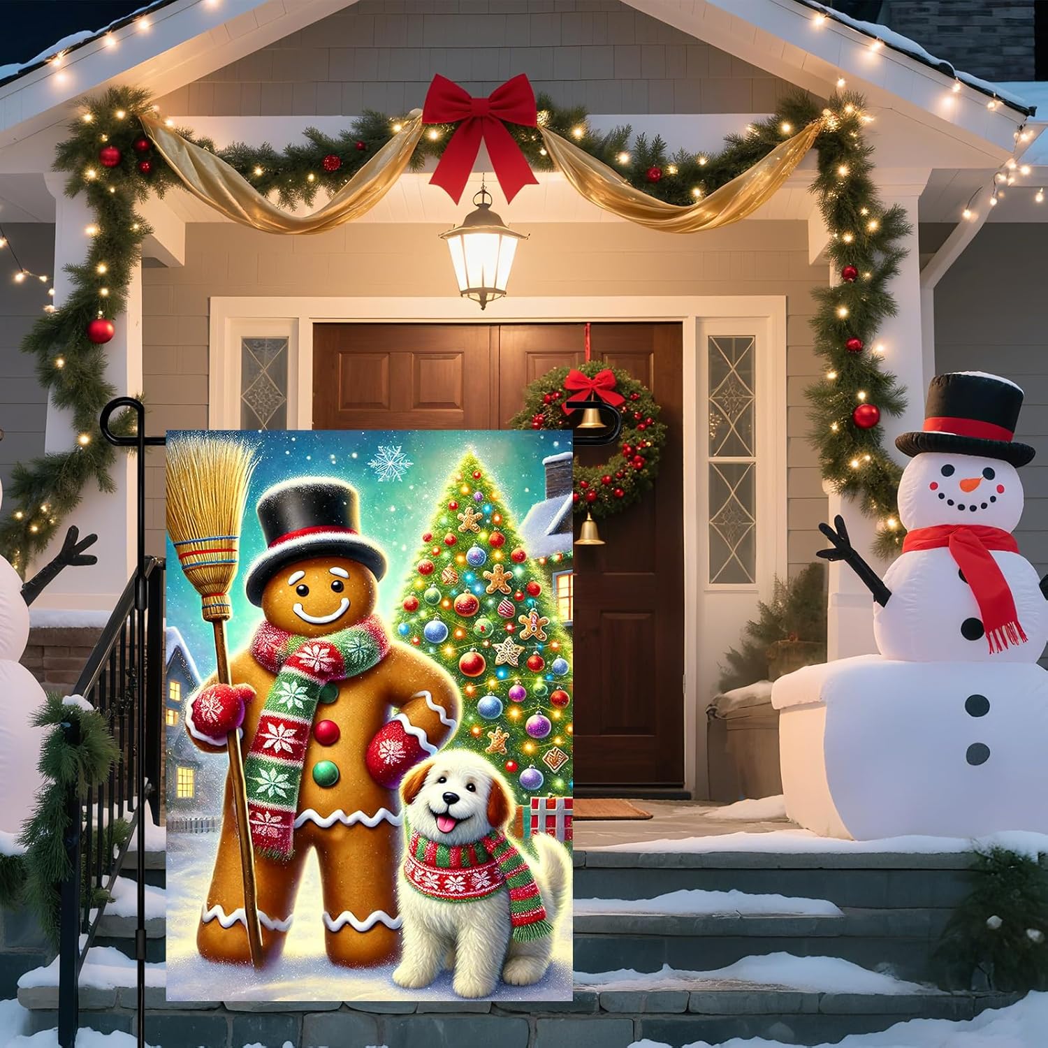 ivn christmas garden flag 12x18 inch double sided gingerbread with dog and broom outdoor yard flag for outside home front door lawn porch patio welcome decor gingerbread man with dog
