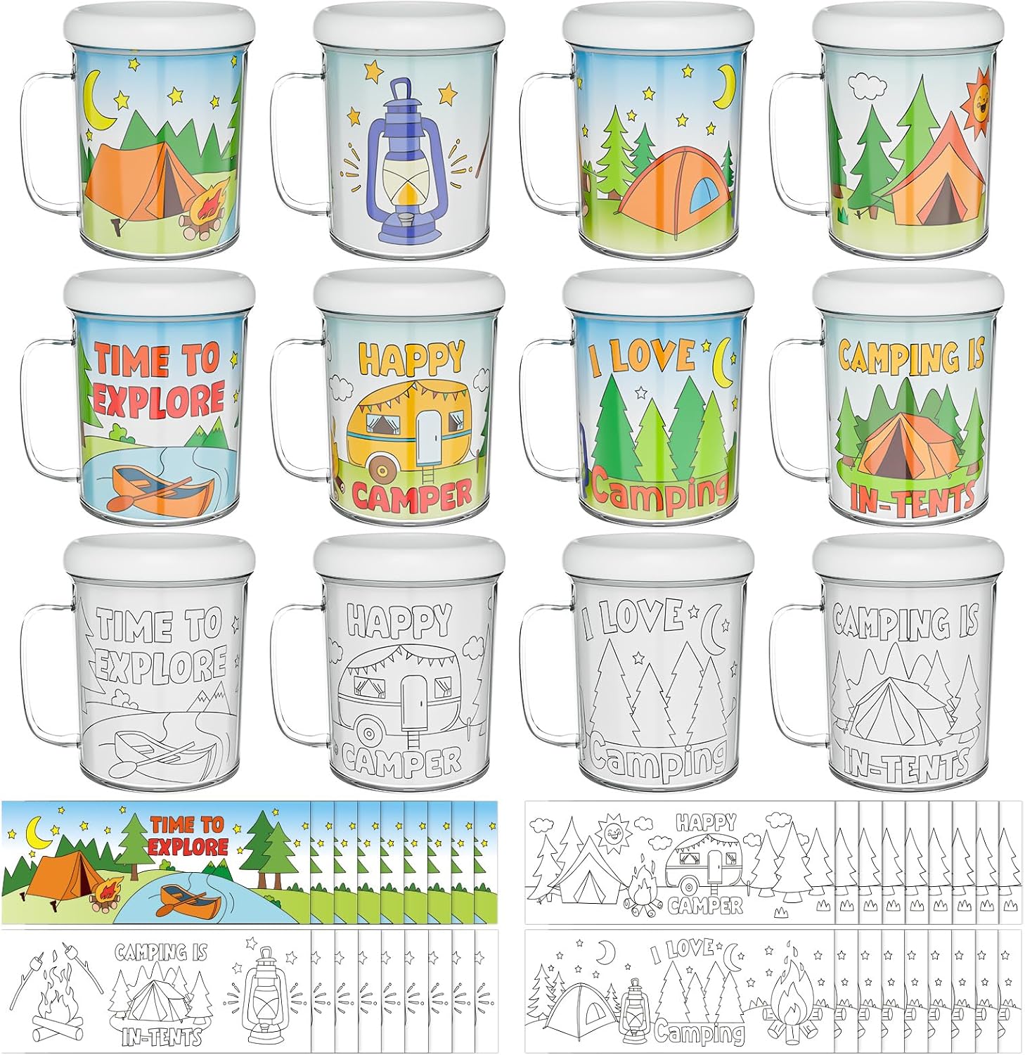 Funnymoom 12 Sets Camp Mugs Crafts DIY Camping Mugs Crafts Bulk 8 oz Color Your Own Travel Adventure Party Favors for Vbs Home Activities Party Gift Supply