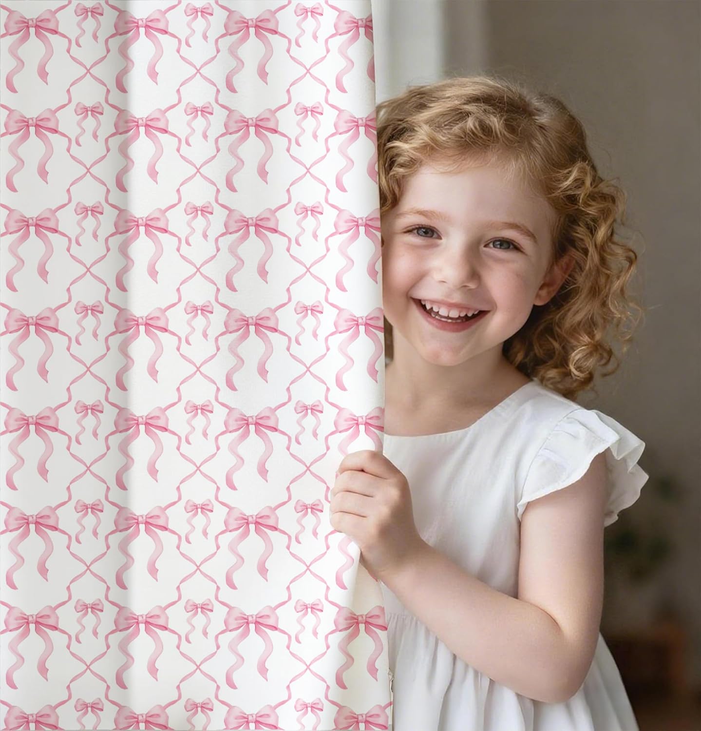 Erosebridal Pink Bow Room Darkening Blackout Curtains for Kids Teen Women,Cute Ribbon Bowknot 38" Wx45 L Curtains & Drapes for Girls Kawaii Watercolor Bow Window Curtains,Pink White Window Treatments