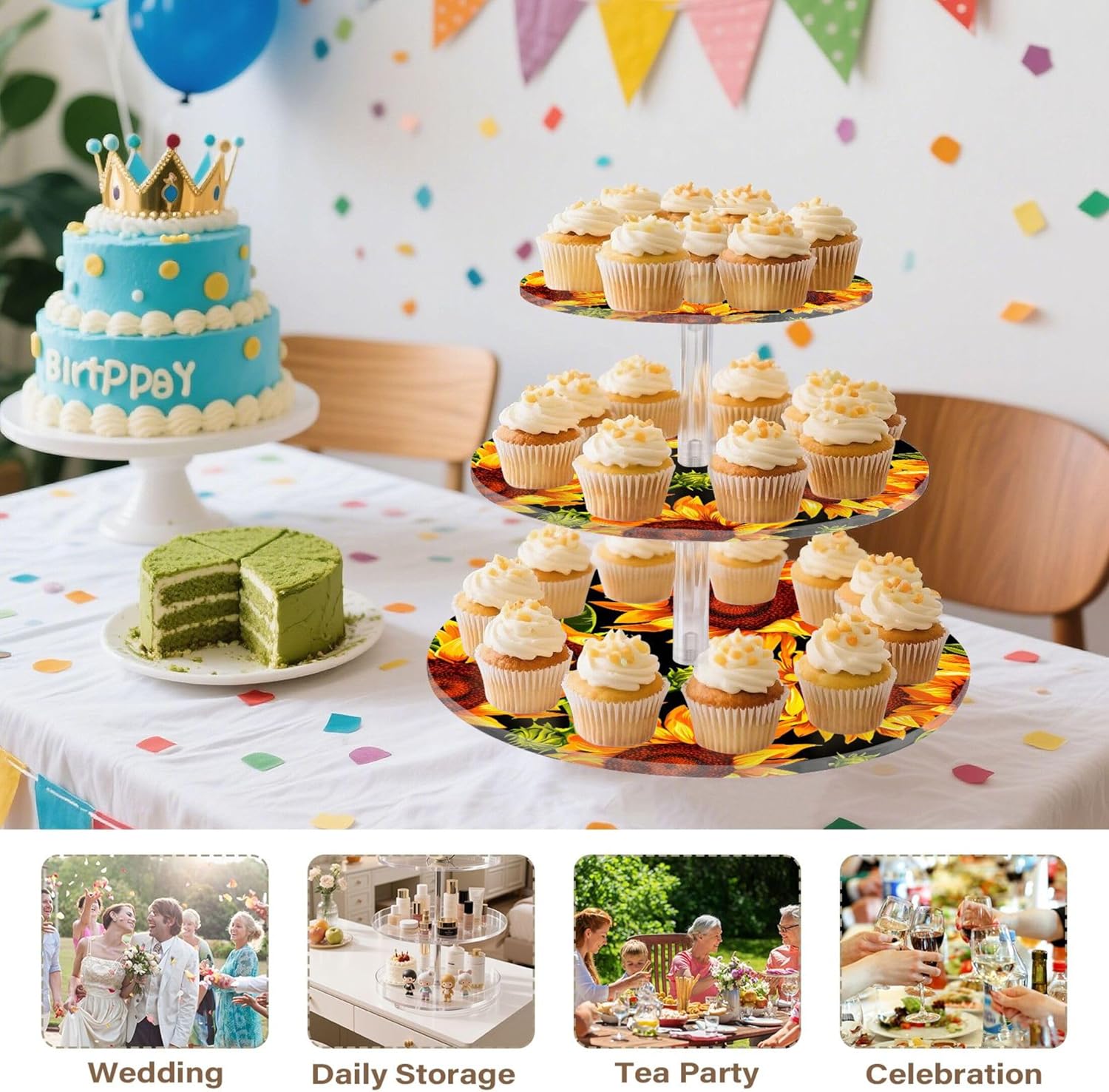 3 Tier Cupcake Stand for Party Vibrant Sunflowers Black Tile Acrylic Cup Cake Tower Display Wedding Dessert Table Decor Cupcakes Stand Food Animal Print