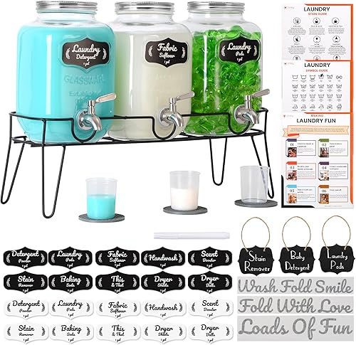 AMEY Dispensador de detergente líquido para ropa, dos recipientes de vidrio de 1 galón para jabón, suavizante de telas, organización decorativa de