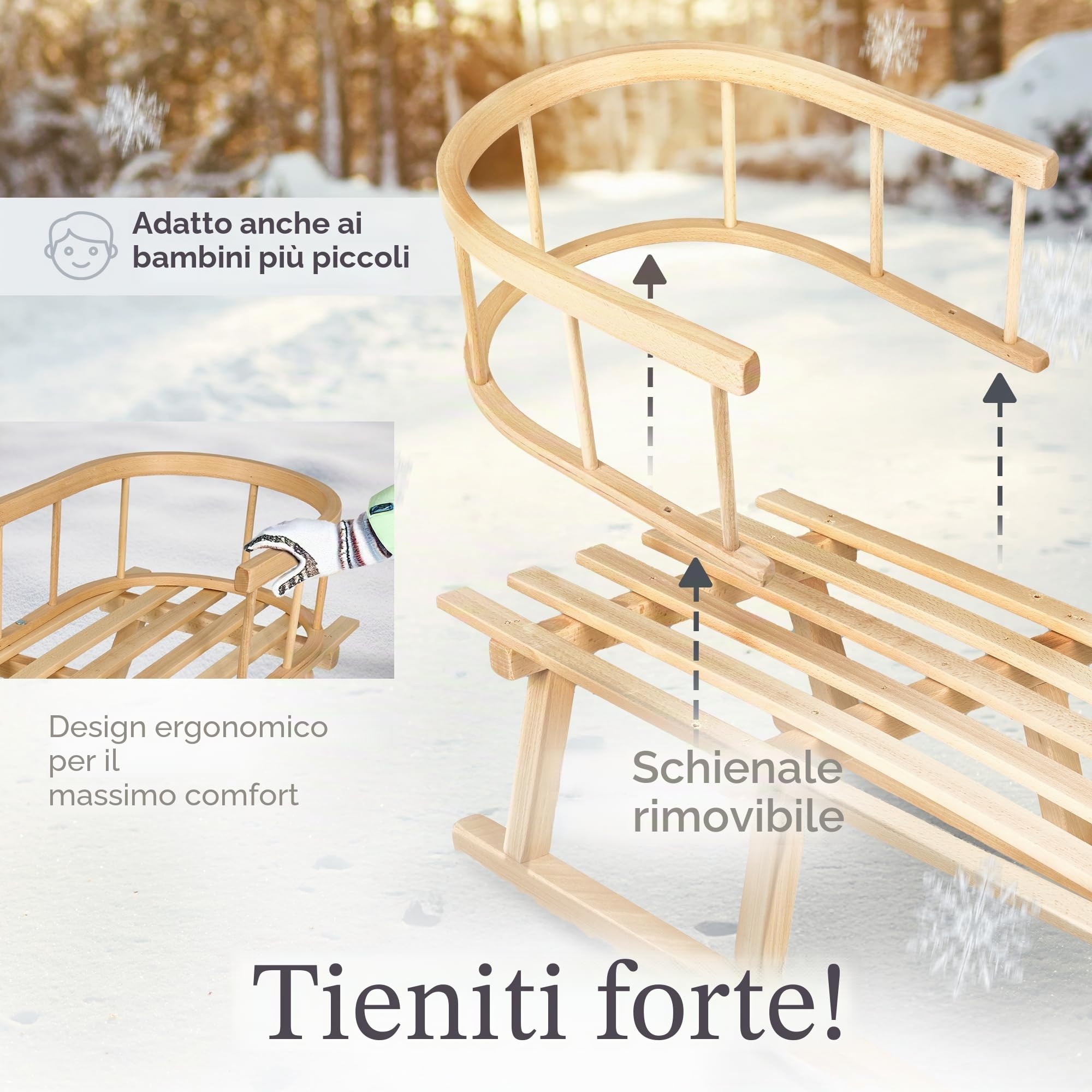 Slitta per bambini da 90 cm con schienale – Slitta in legno di faggio massiccio – Slittino da neve Davoser con guinzaglio e manico – Pattini robusti con raccordi in acciaio a scorrimento fluido