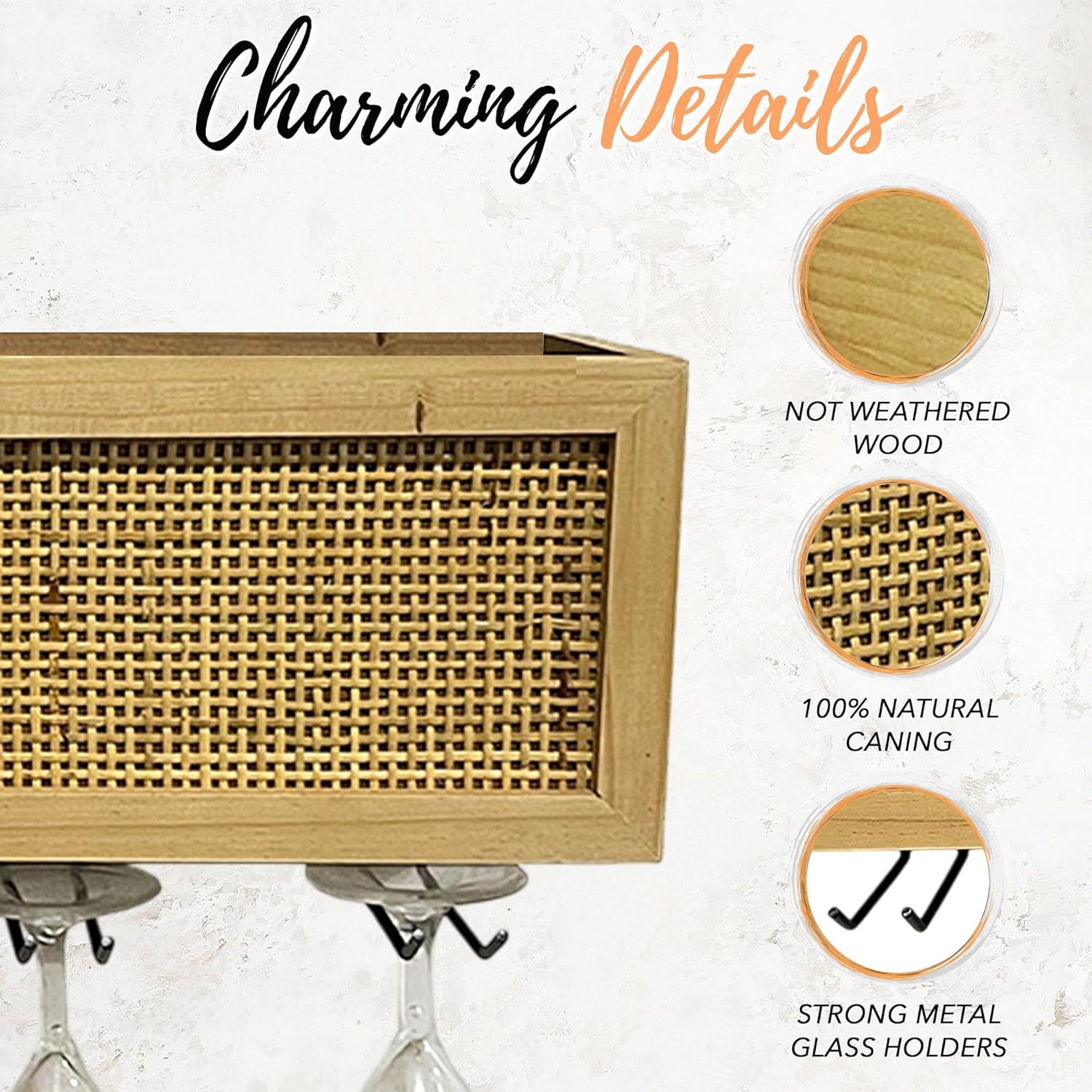 Autumn Alley Wall Mounted Wine Rack - Wine Glass Holder with Natural Rattan Caning - Boho Wine Bottle Holder Hanging for Home, Kitchen, Dining Room,Bar, Wood and Rattan Wall Decor