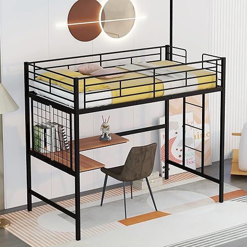 Twin Loft Bed with Desk and Metal Grid, Metal Loft Bed Frame with 15.6”Full-Length Guardrails (Twin Size, Black)