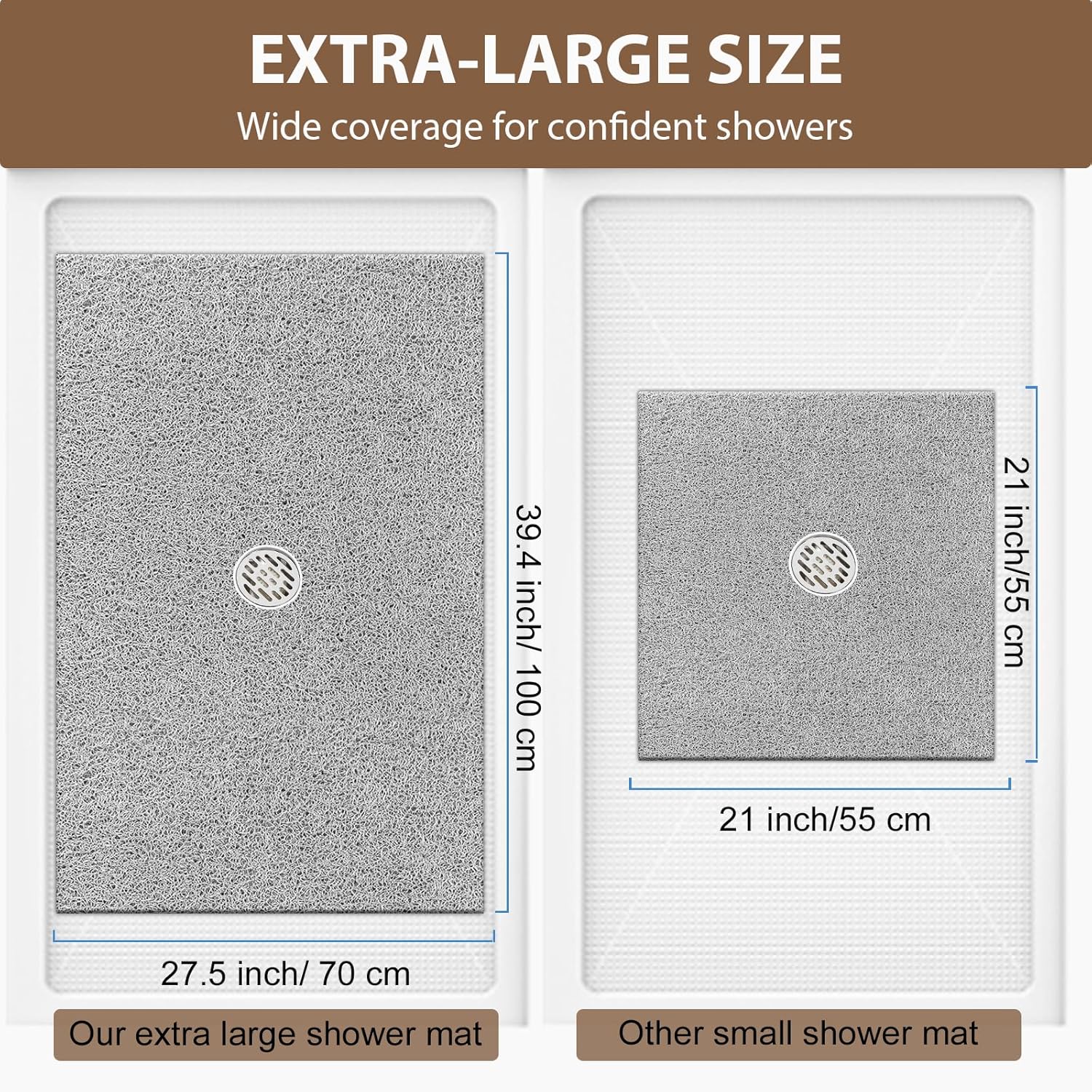 Extra Large Non Slip Shower Mat: 39.4x27.5 inch Loofah Shower Mat for Inside Shower with Drain Hole in Middle, Soft PVC Anti-Slip Shower Stall Mats for Bathroom,Wet Area, Quick Drying