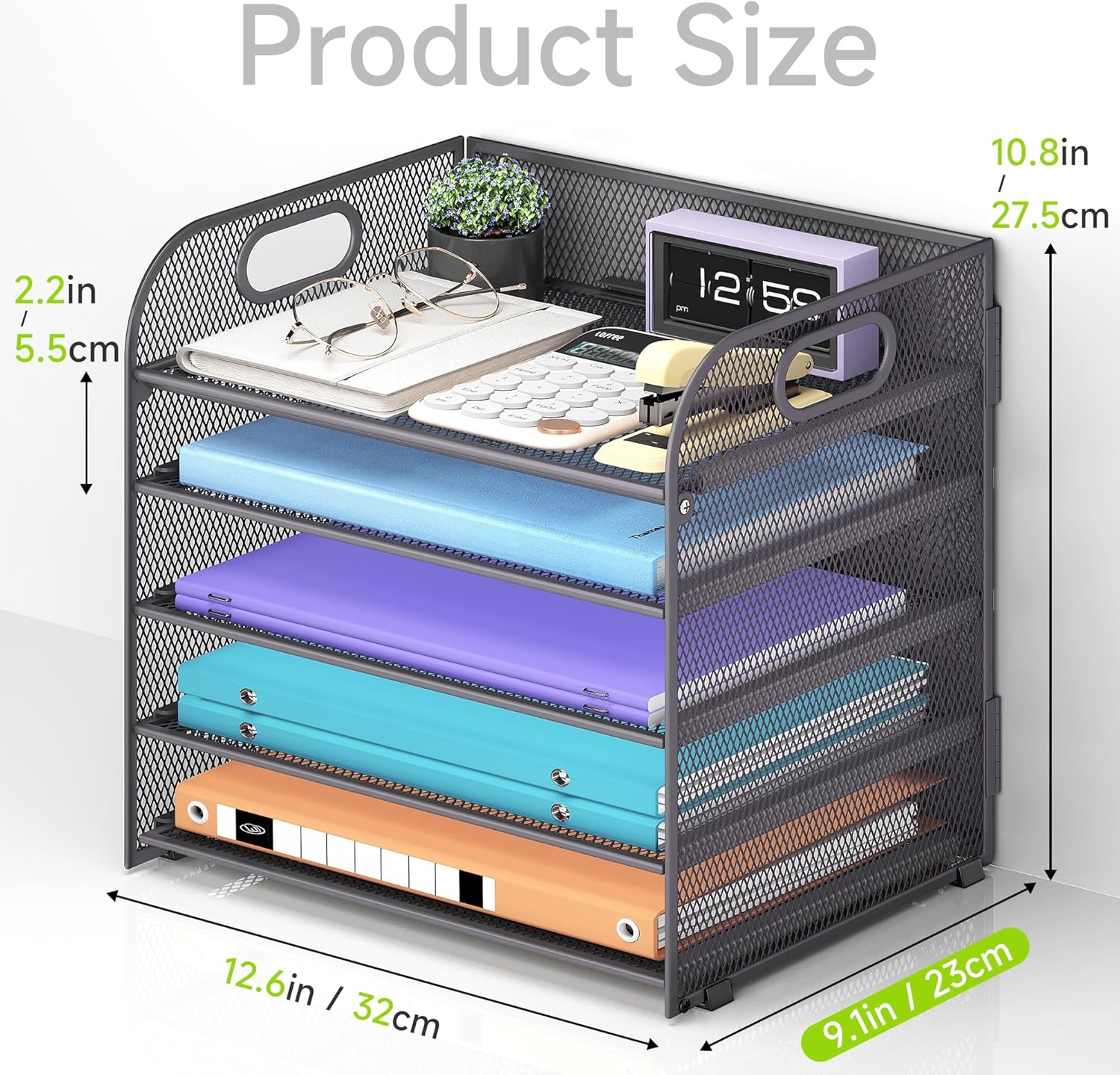 Cawukege 2 Pack 5 Tier Paper Organizer, Letter Tray with Handle, Mesh Desk Organizer, Metal File Organizer, Office Desk Accessories for Home, Office, Classroom, School -Grey