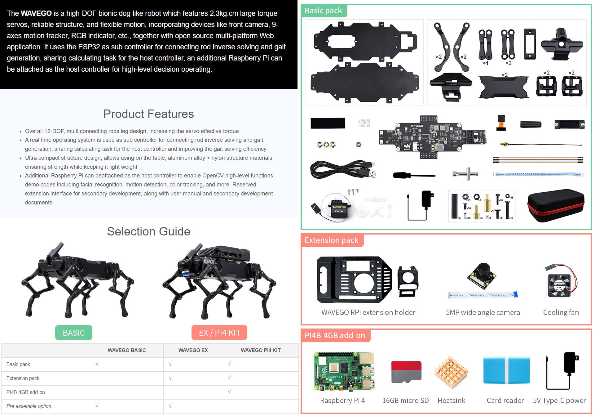 Waveshare WAVEGO 12-DOF Bionic Dog-Like Robot Open Source for ESP32 and PI4B Facial Recognition Color Tracking Motion Detection Basic Kit (Fully Assembled)