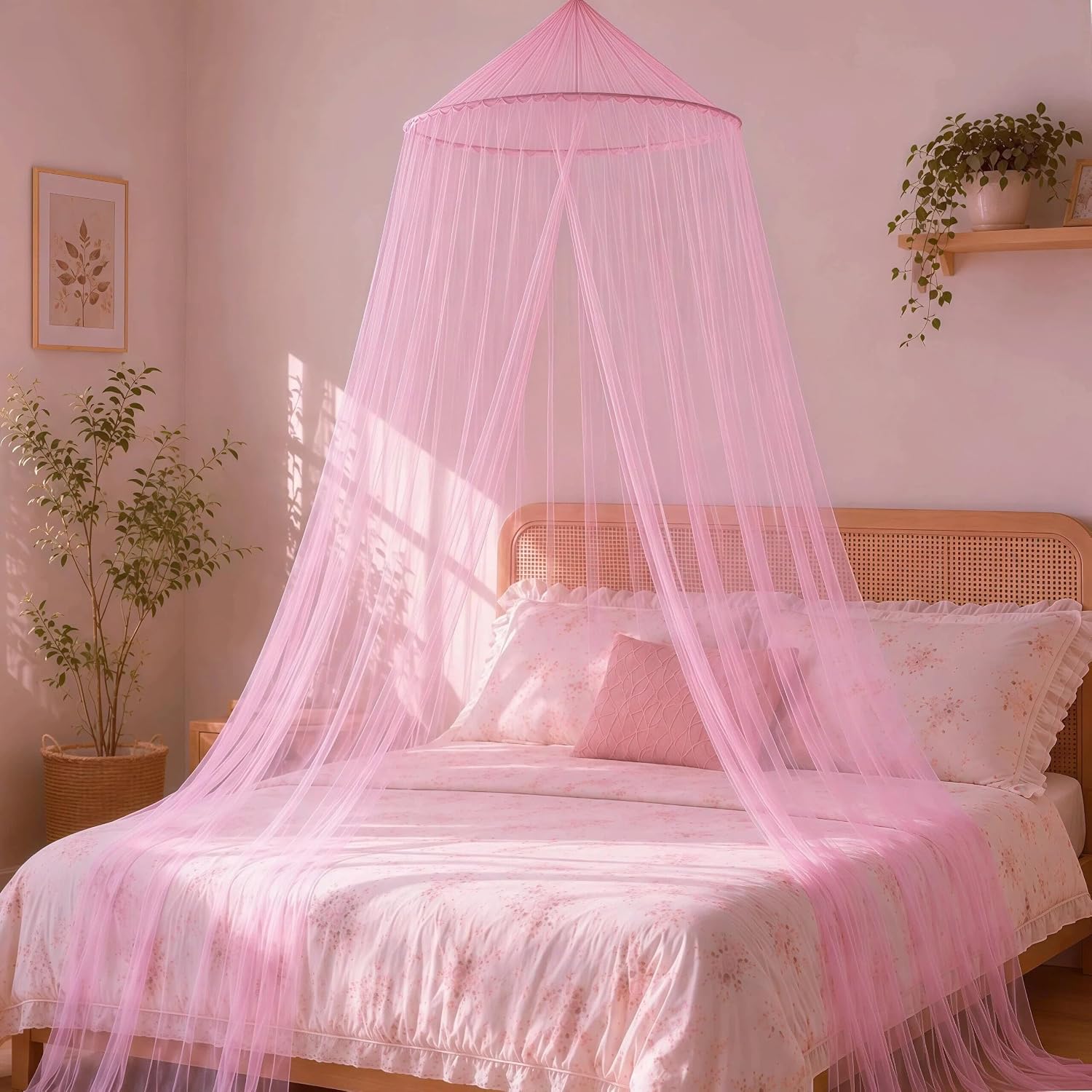 Pink Bed Canopy for Girls, Round Dome Bed Curtain, Dreamy Mosquito Netting for Princess Bedroom