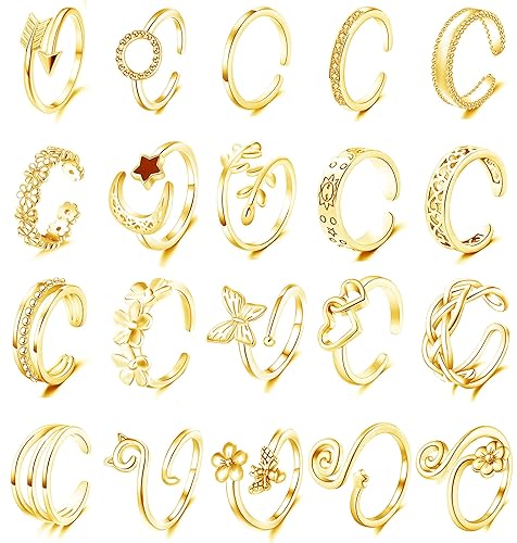 Staligue 20pcs Adjustable Toe Rings Set for Women Fingers Joint Tail Summer Beach Arrow Flower Open Rings Foot Jewelry - gold