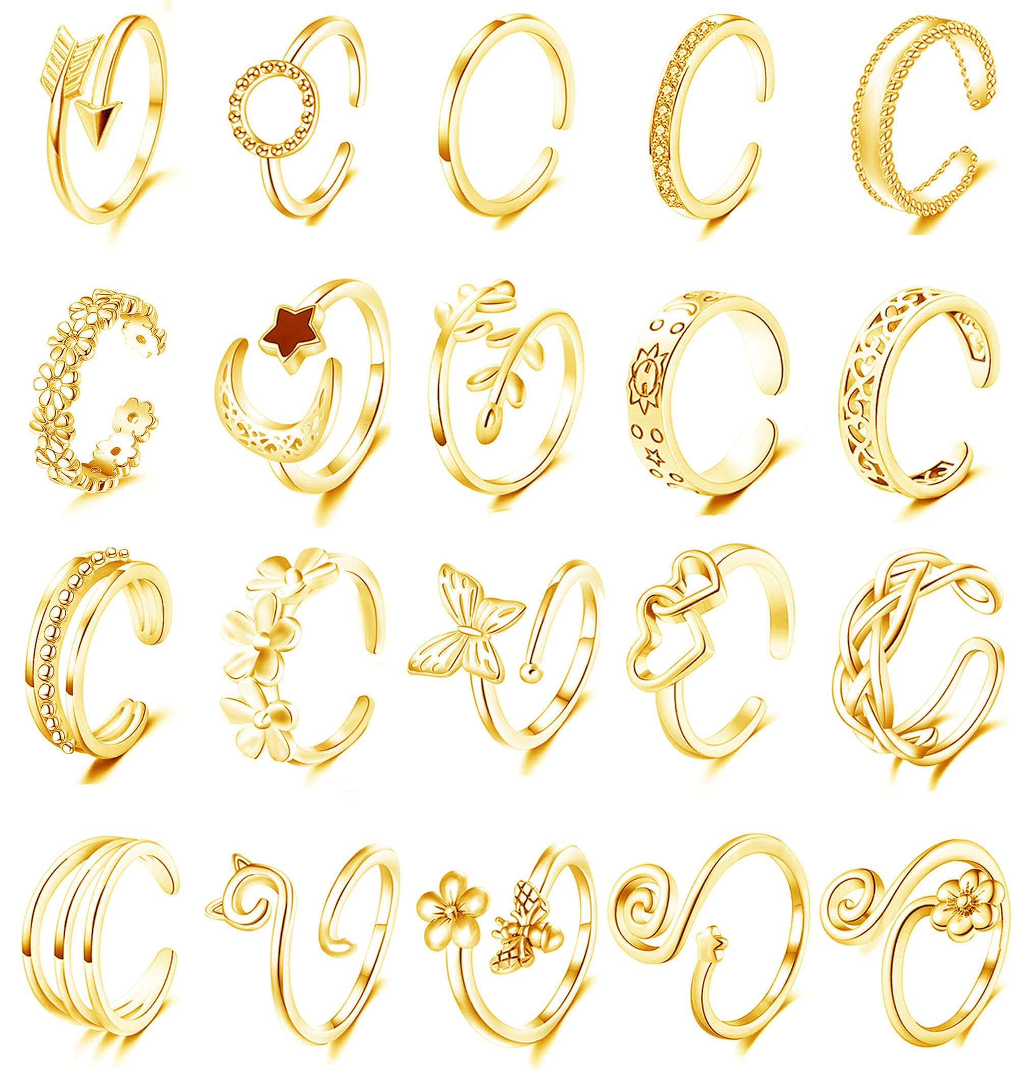 20pcs Adjustable Toe Rings Set for Women Fingers Joint Tail Summer Beach Arrow Flower Open Rings Foot Jewelry-image-26