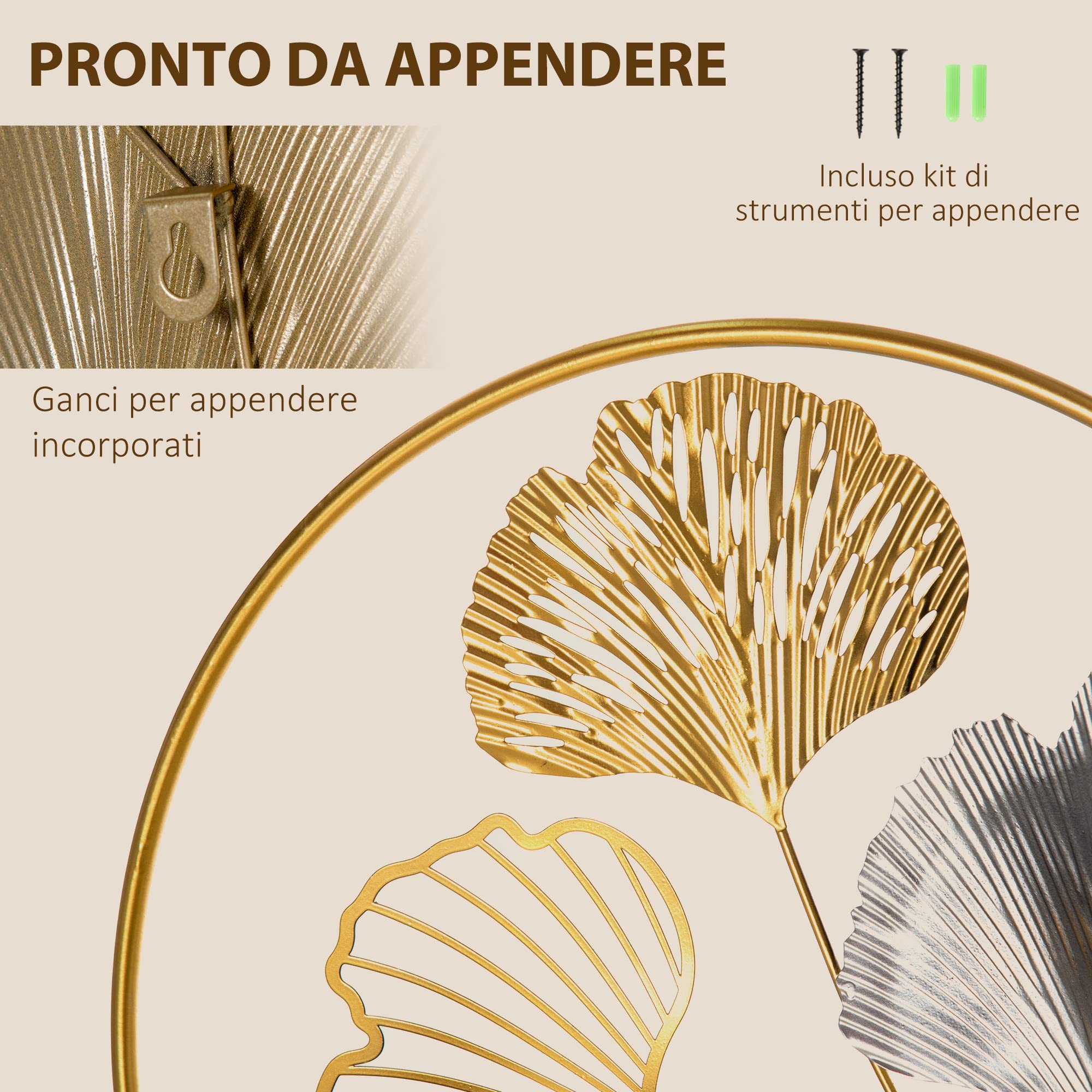 HOMCOM Decorazione Murale 3D in Metallo Dorata 102x66.2 cm Oro e Argento | Wall Art Orizzontale, Foglie di Ginkgo, Due Cornici Rotonde