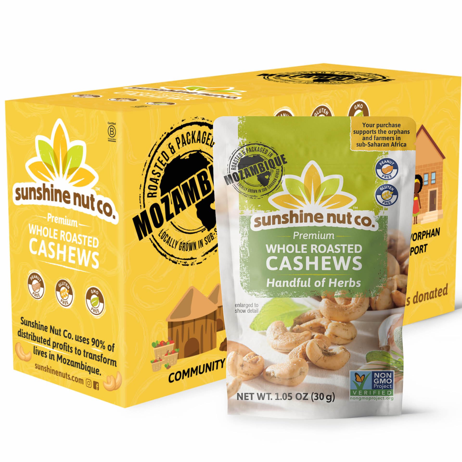 Sunshine Nut Company Whole Roasted Lightly Salted Cashews, Handful of Herbs Flavor, 12-Pack, 1.05 oz. Each, Gluten Free, Peanut Free and Vegan Individual Snack Packs for Kids and Adults, GMO Free
